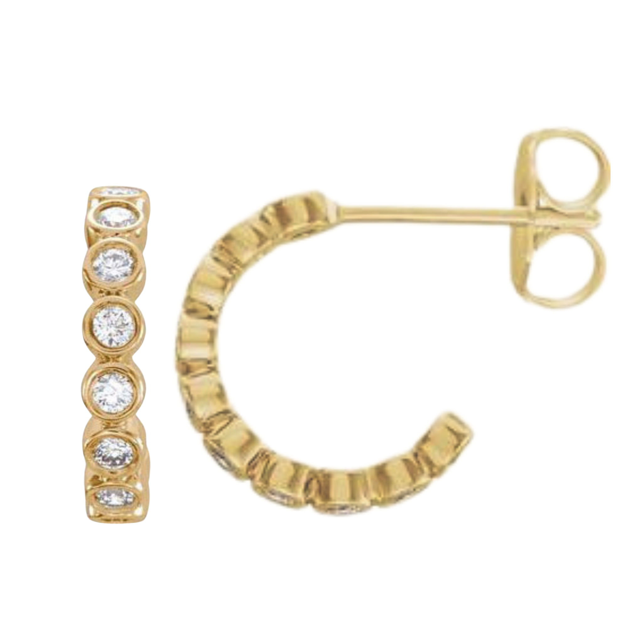14k yellow gold hoop earrings with bezel set white diamonds on white background with side view