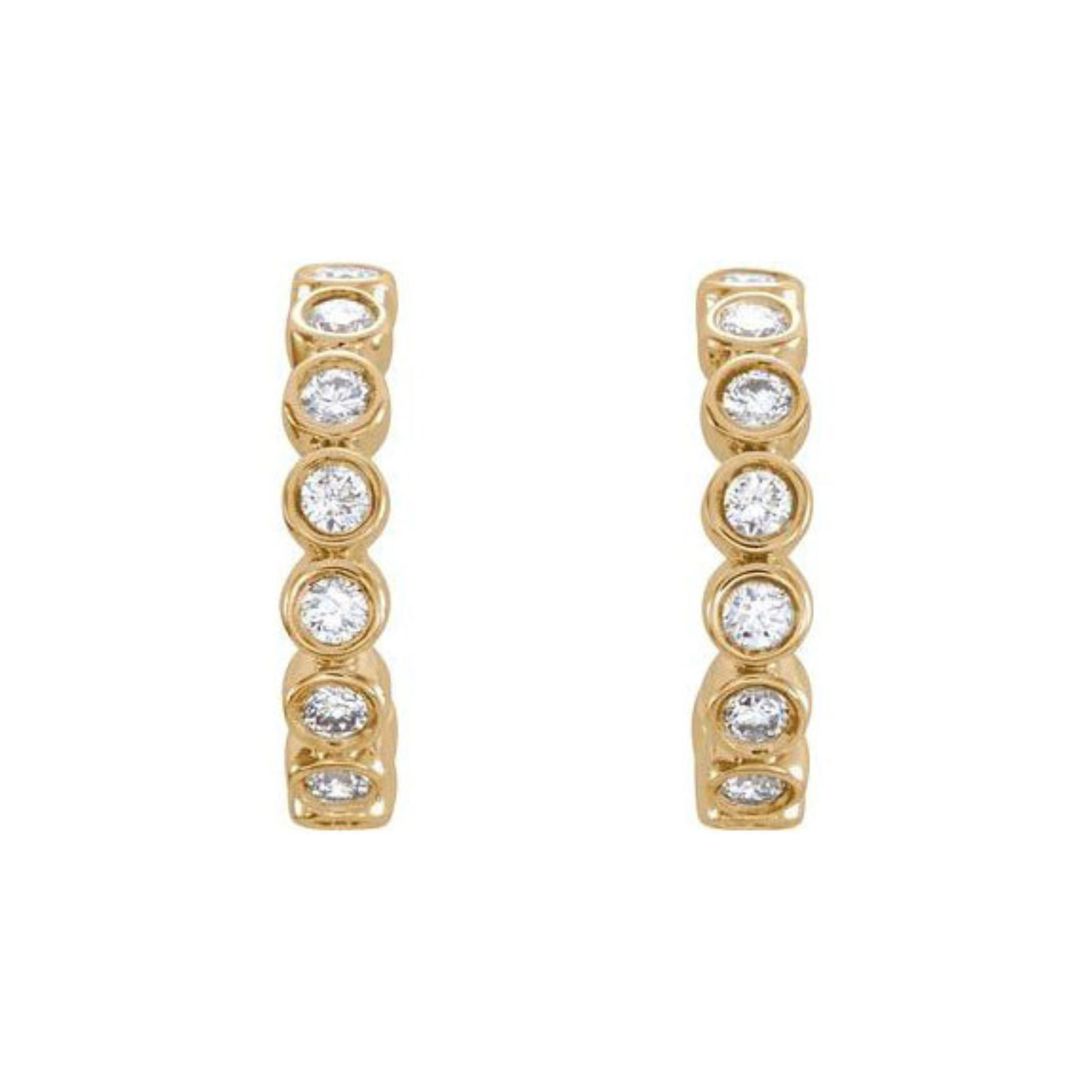 14k yellow gold hoop earrings with bezel set white diamonds on white background