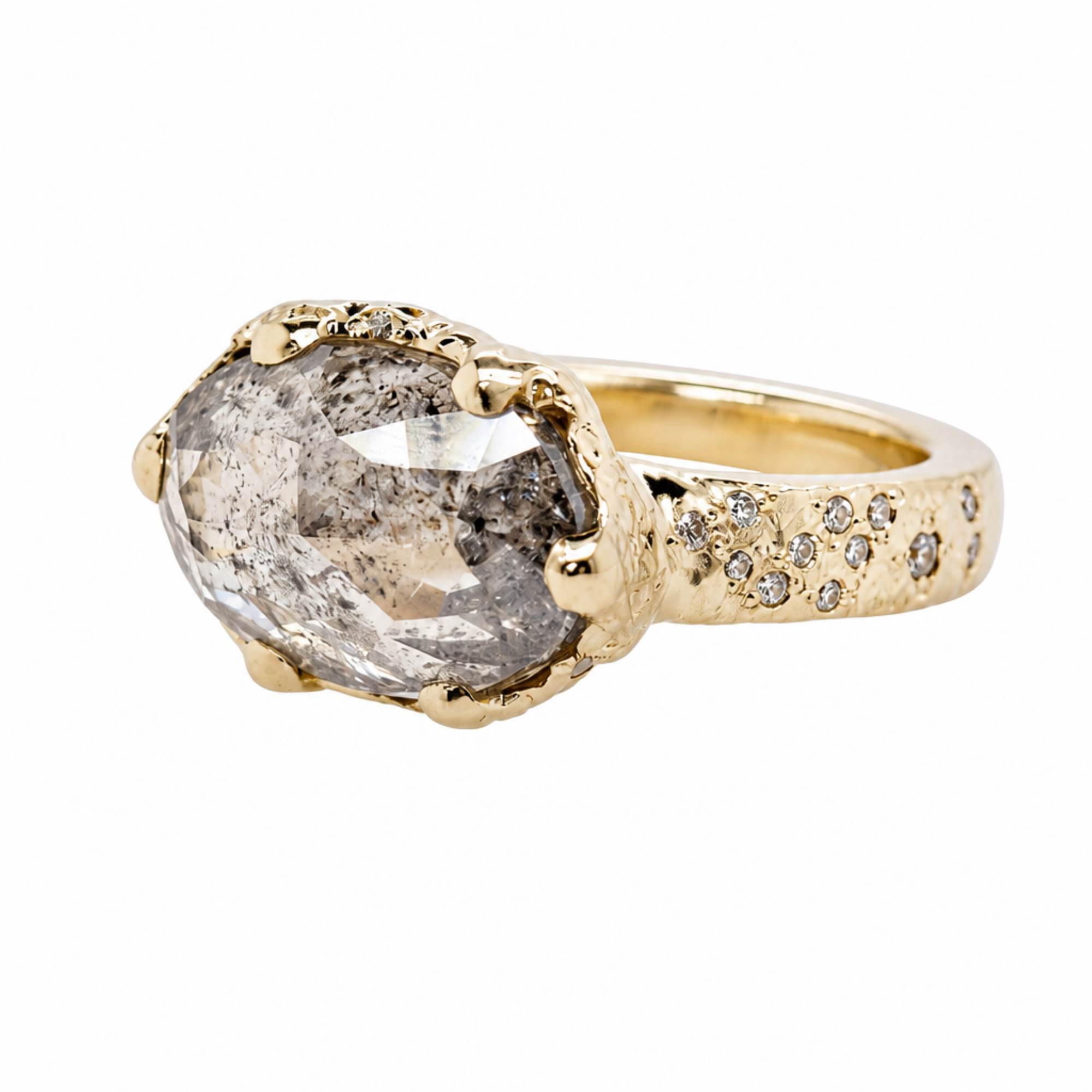 14k gold oval salt and pepper diamond with organic edge ring side view on white background