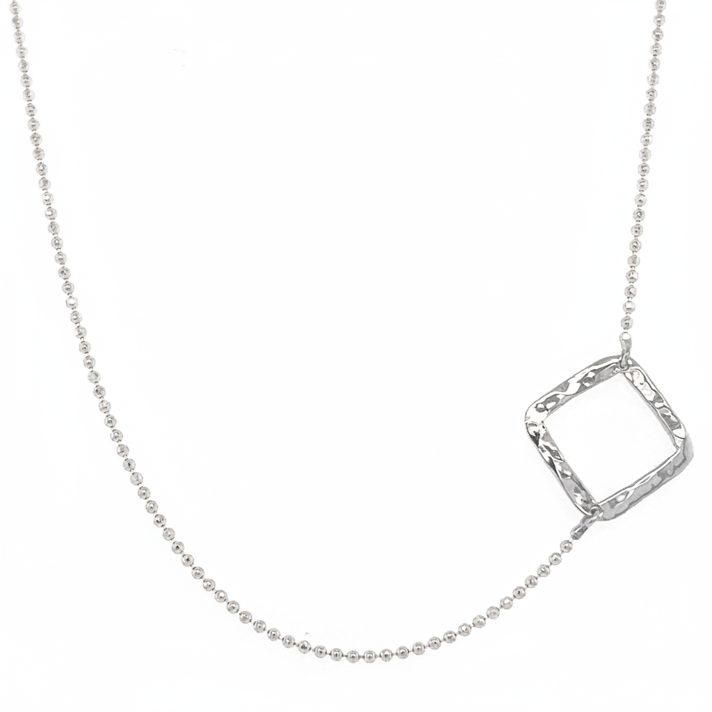 14k white gold diamond ball chain choker necklace with offset fixed hammer texture open square pendant on a white background