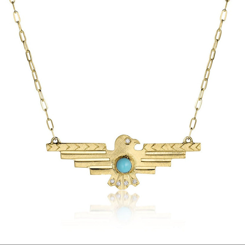 14k Gold Phoenix Bird Pendant Necklace with Turquoise & Diamonds