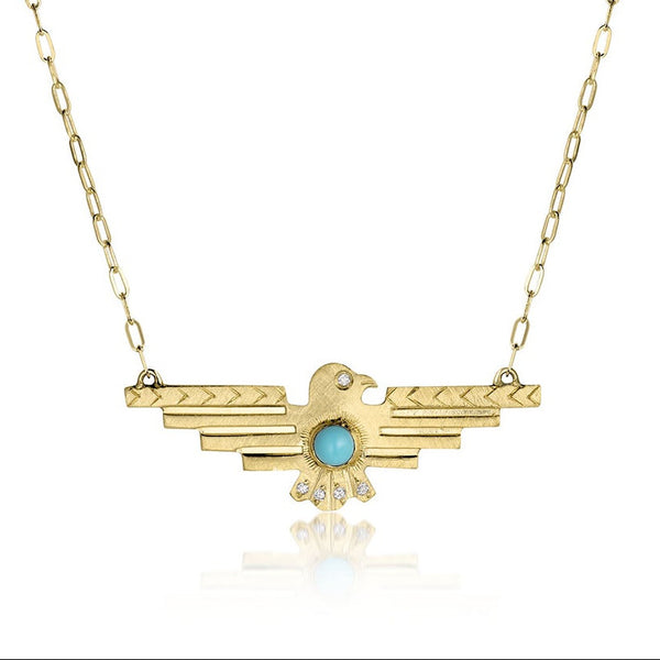14k Gold Phoenix Bird Pendant Necklace with Turquoise & Diamonds