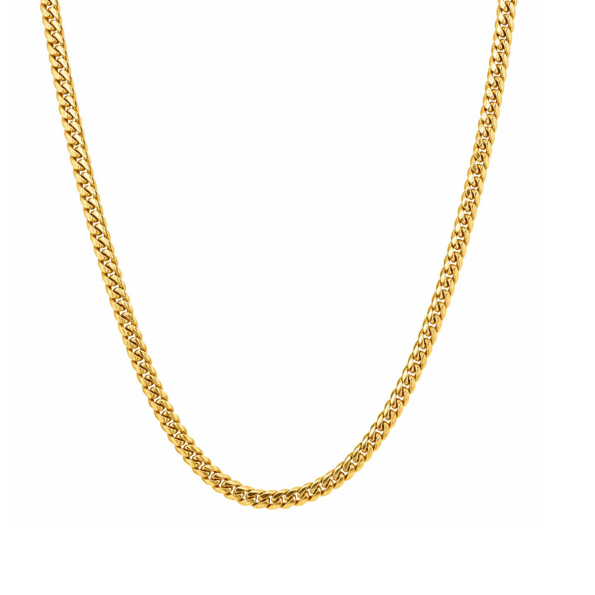 Gold cuban chain necklace on a white background