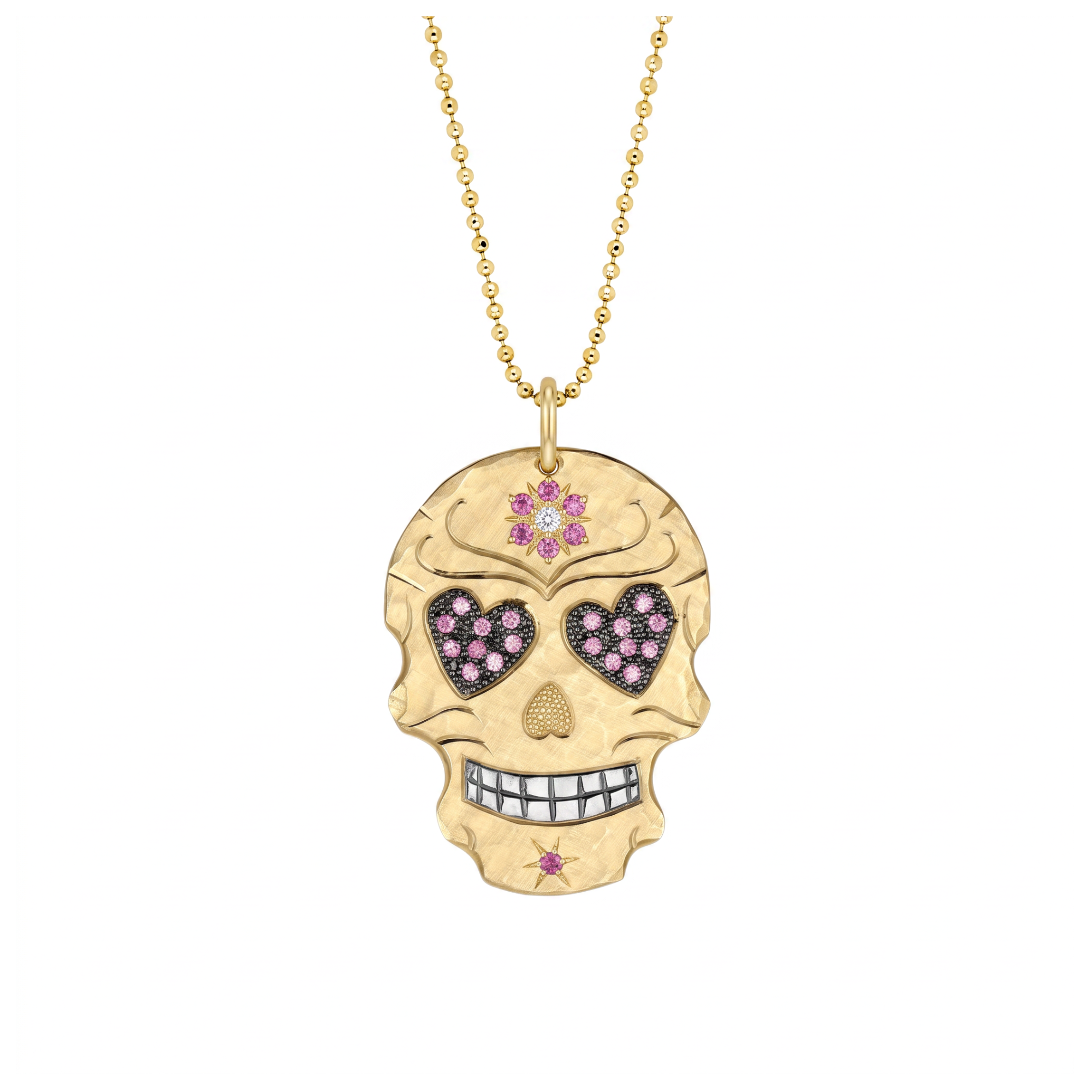 Pink Sapphire Heart Eyes Sugar Skull Pendant | Medium | 14K Gold | Style Valentina