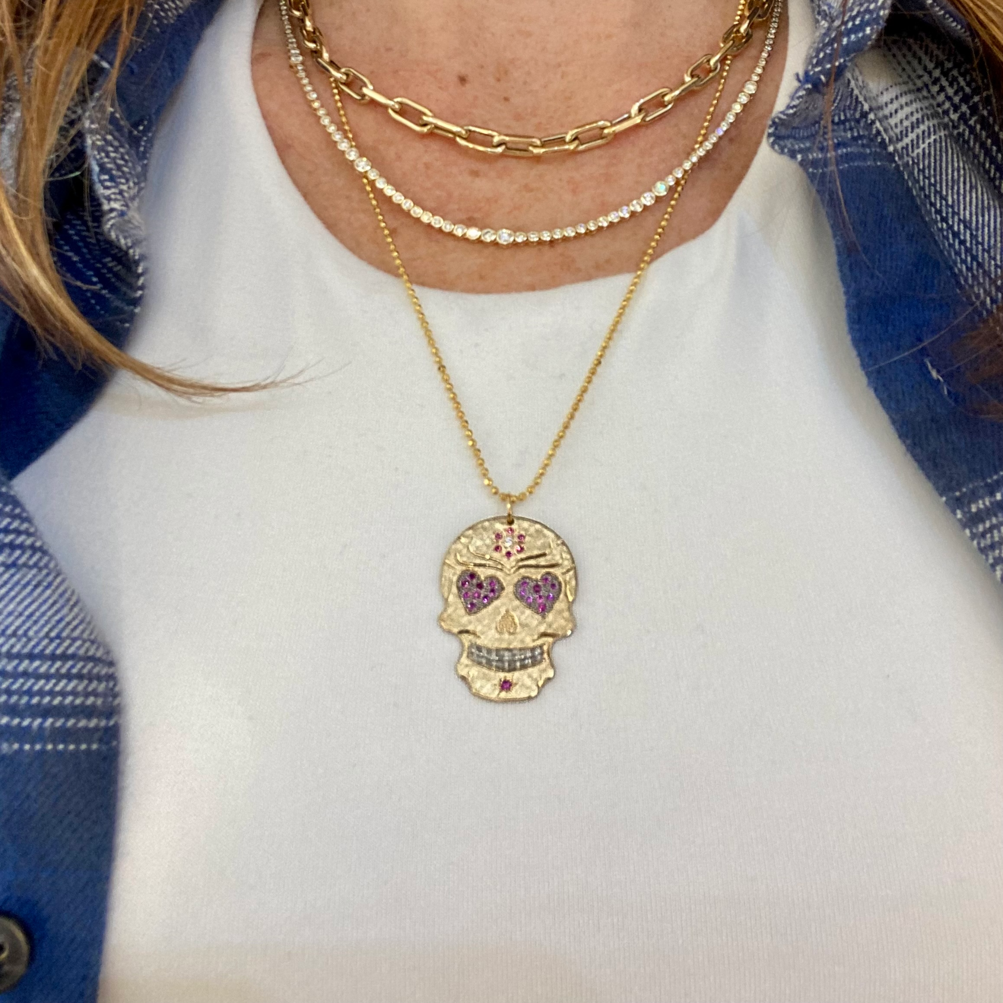 Pink Sapphire Heart Eyes Sugar Skull Pendant | Medium | 14K Gold | Style Valentina