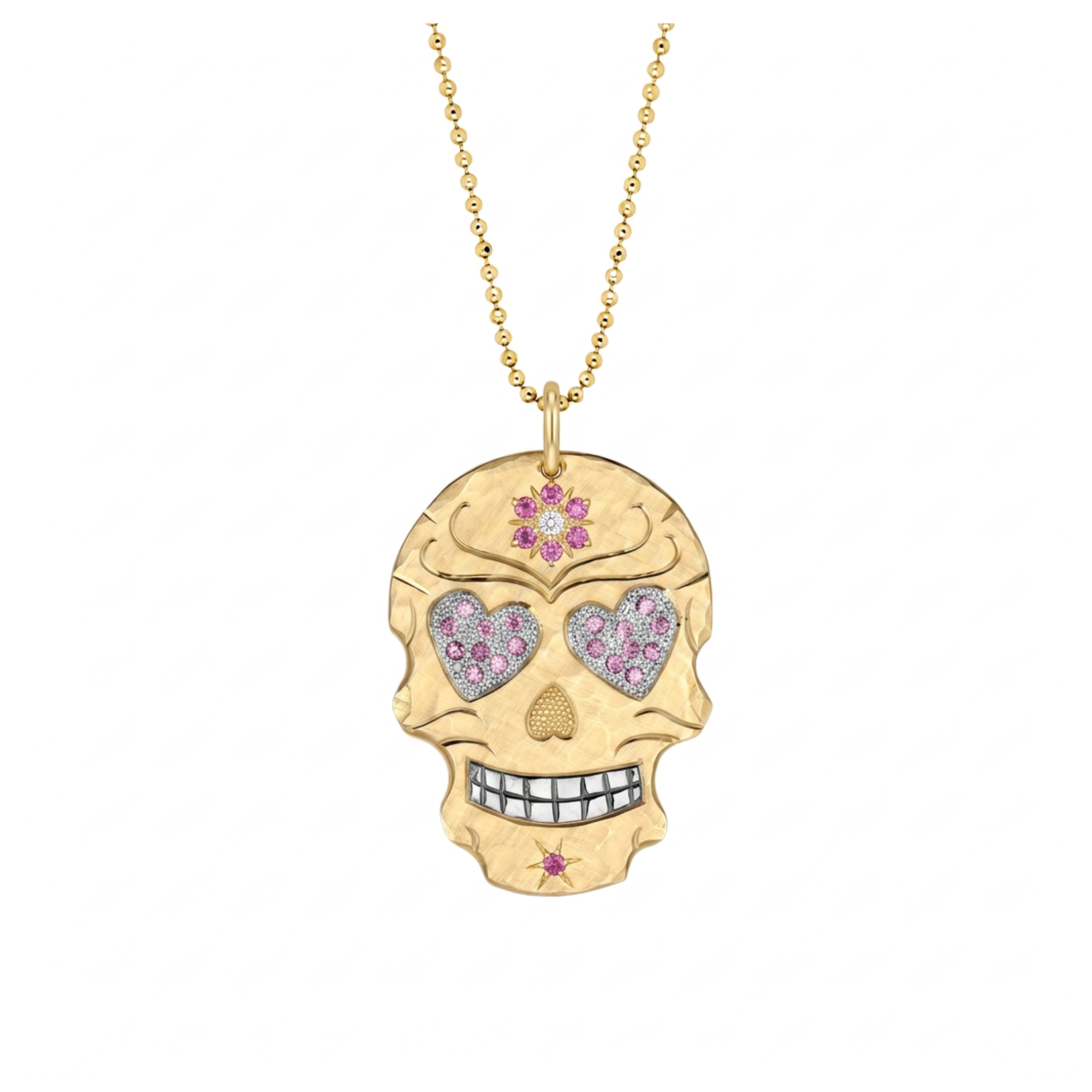 Pink Sapphire Heart Eyes Sugar Skull Pendant | Medium | 14K Gold | Style Valentina