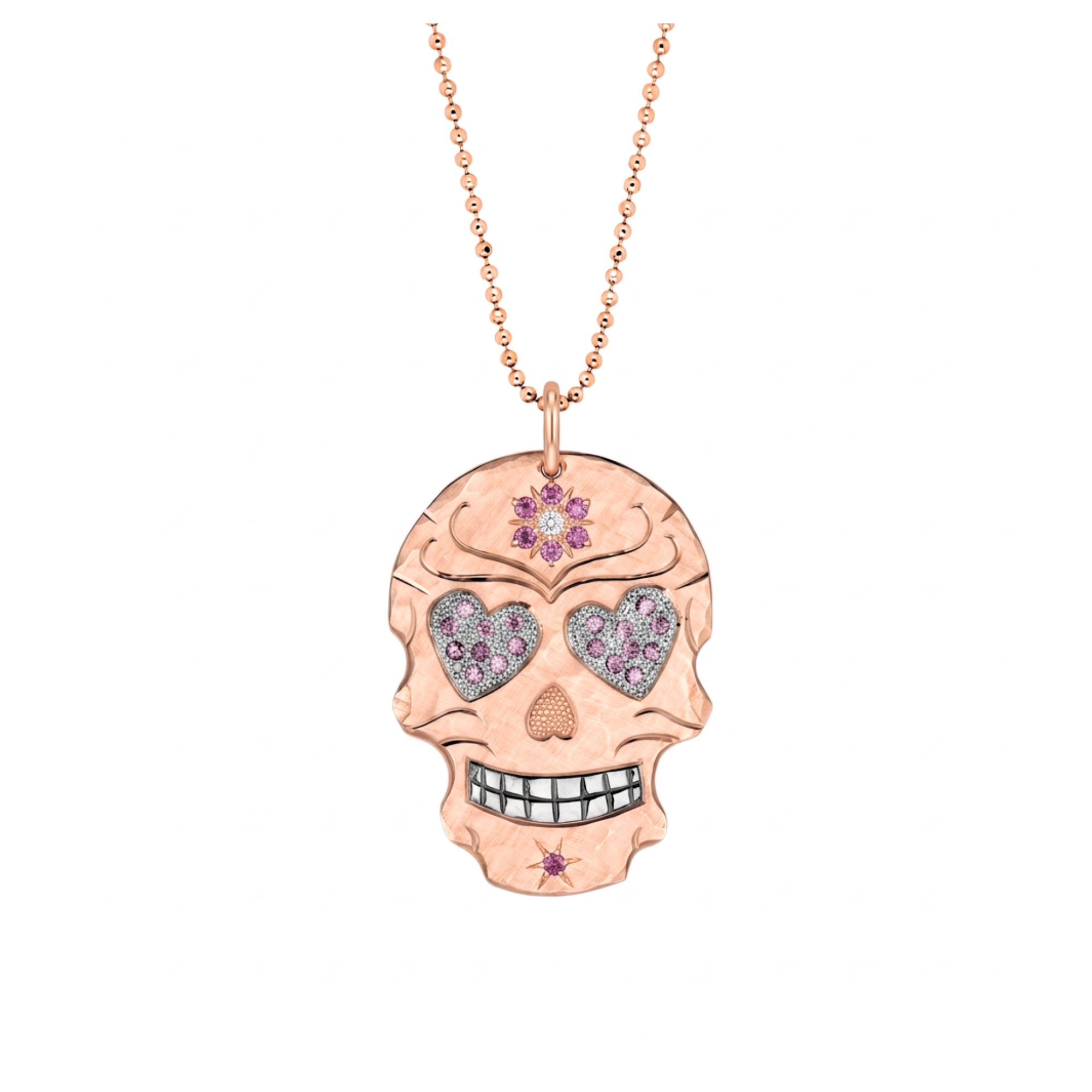 Pink Sapphire Heart Eyes Sugar Skull Pendant | Medium | 14K Gold | Style Valentina