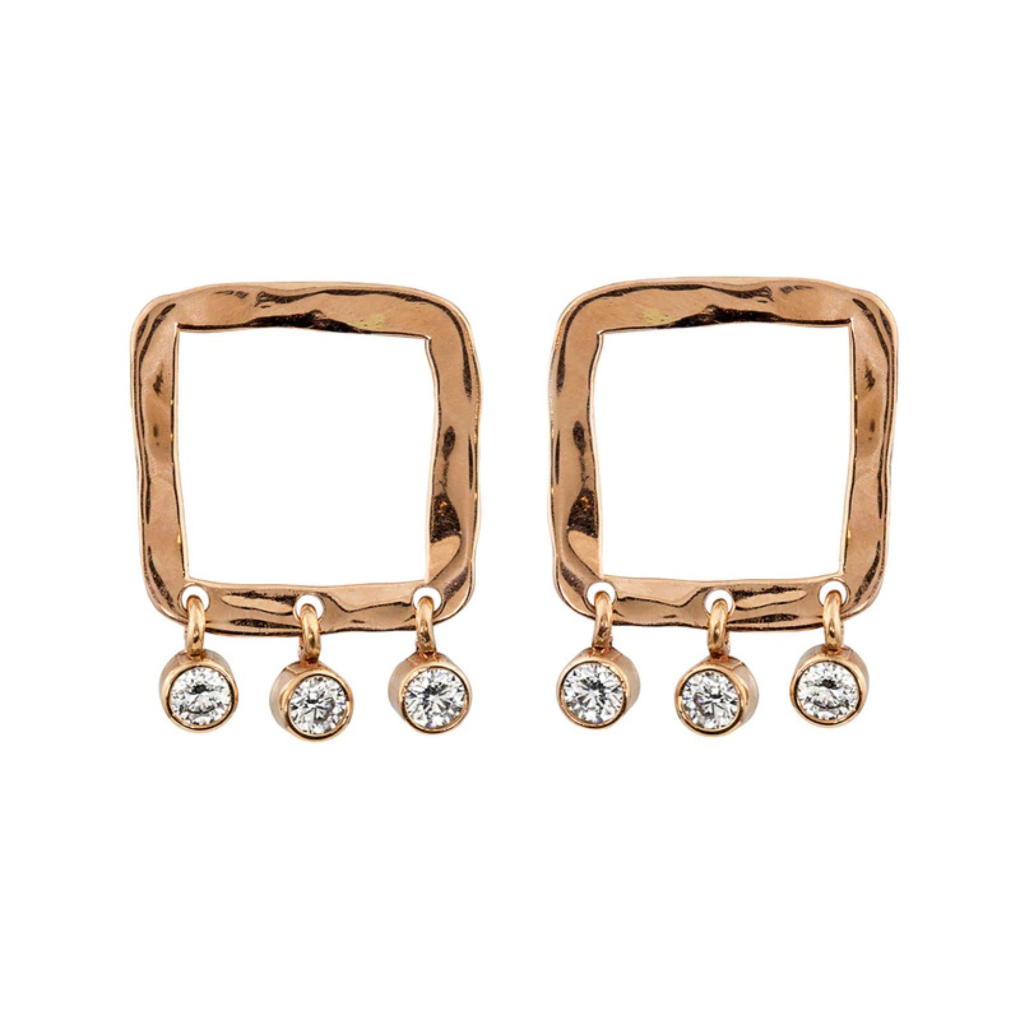 14k rose gold POPI square post earring with diamond dangles on white background
