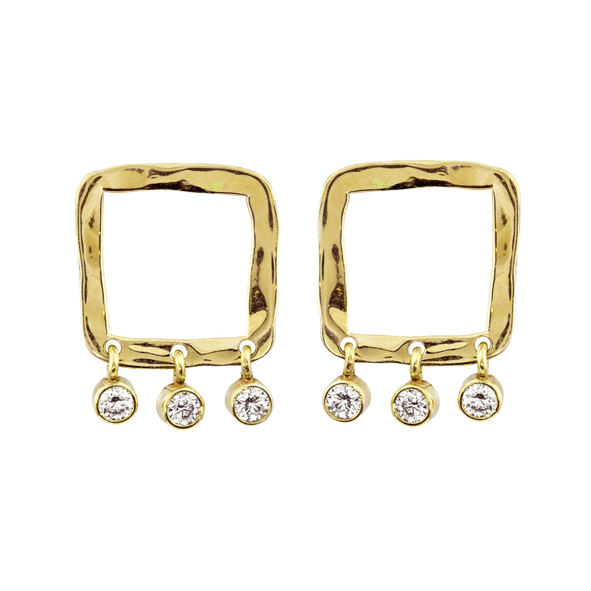 14k yellow gold POPI square post earring with diamond dangles on white background