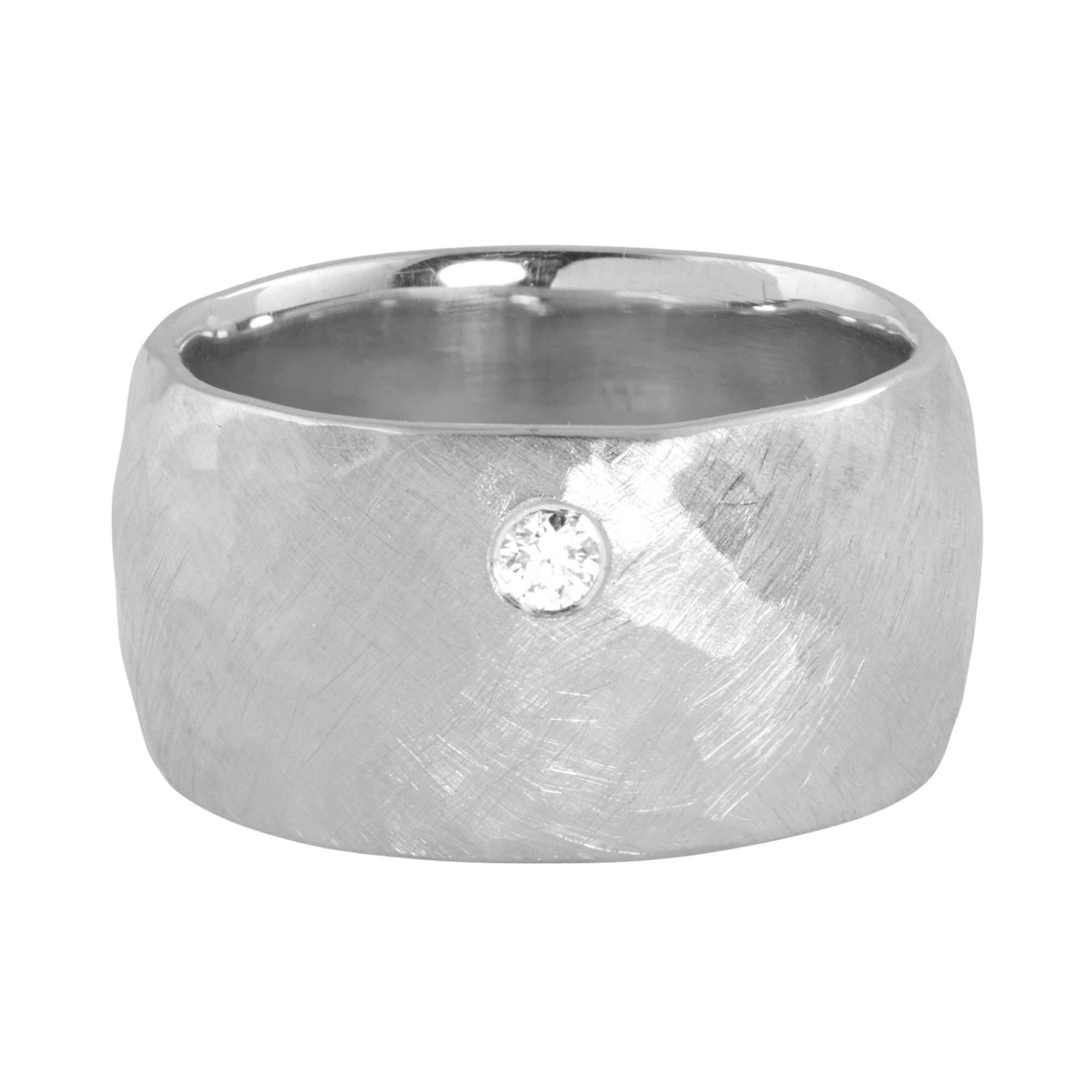 14k white gold wide puff comfort ring with a single offset white diamond on a white background