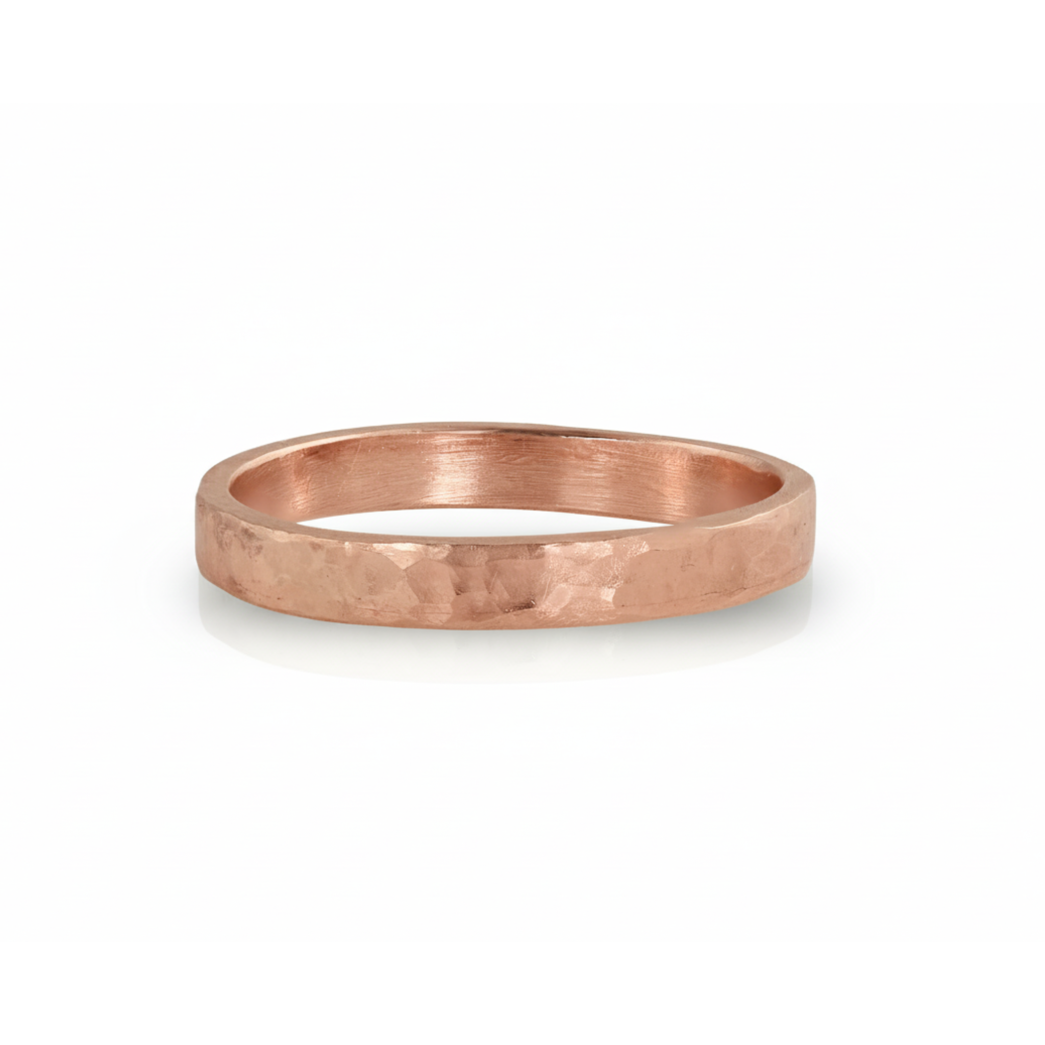 14k rose gold thick wide band stacking wedding ring with heavy hammered texture brushed finish rugged organic ring shown on white background