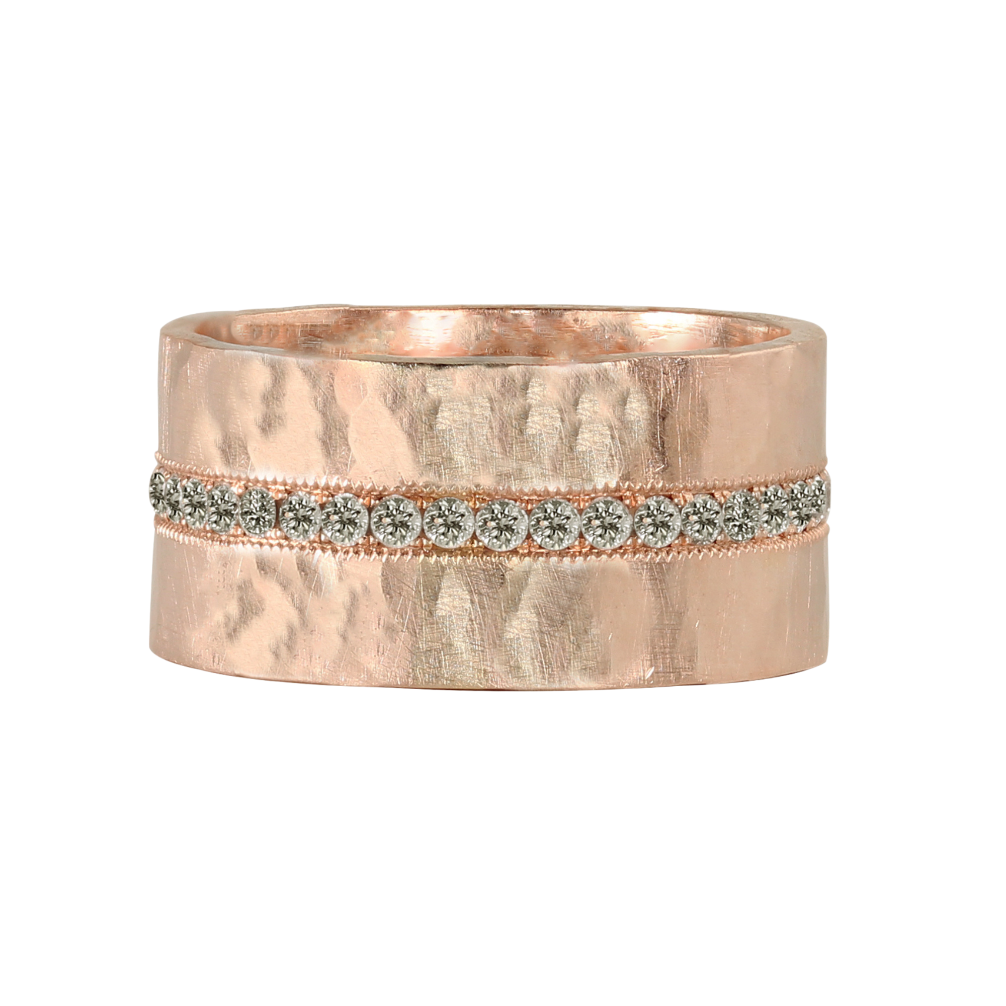 14k rose gold wide band ring with a chunky hammered finish, featuring a center eternity pavé row of round white diamonds set with delicate milgrain detail, handcrafted by Julez Bryant Fine Jewelry.