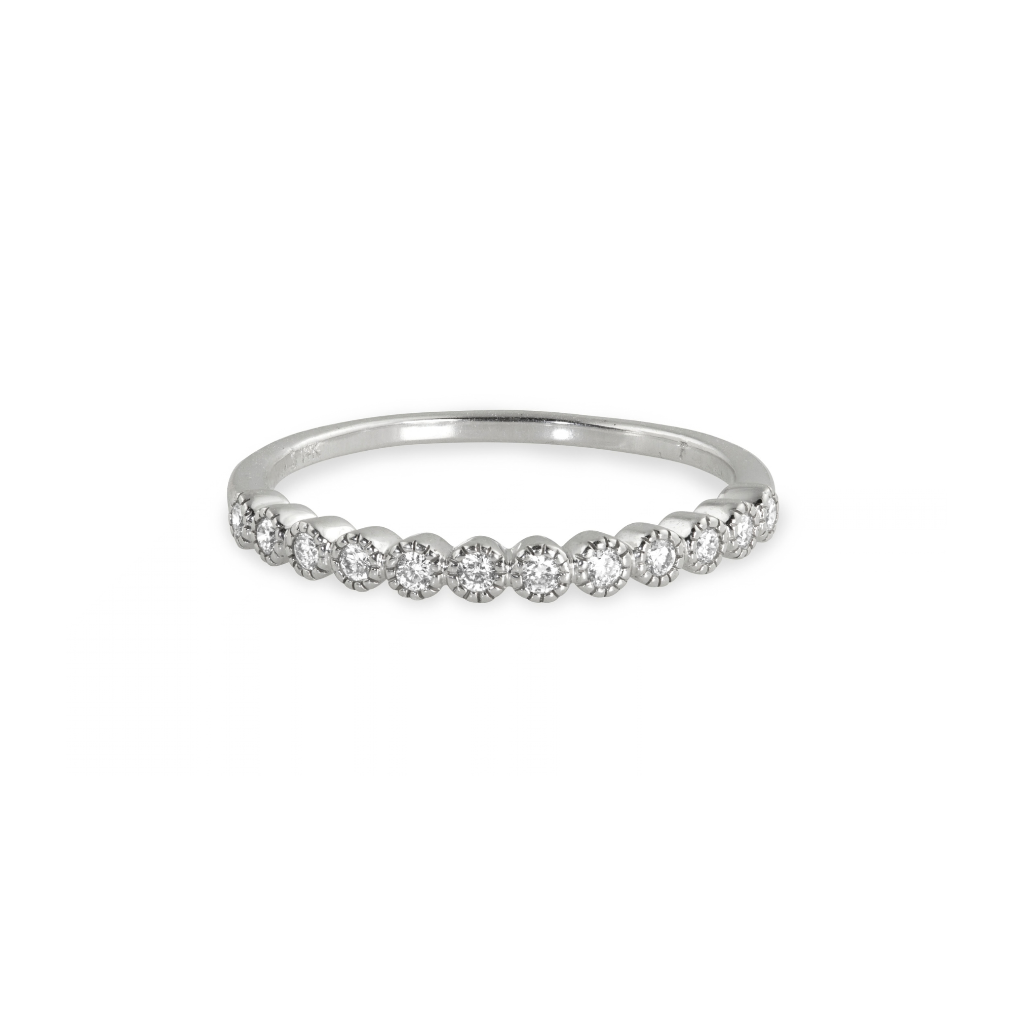 14k white gold half eternity ring with milgrain set white diamonds on white background