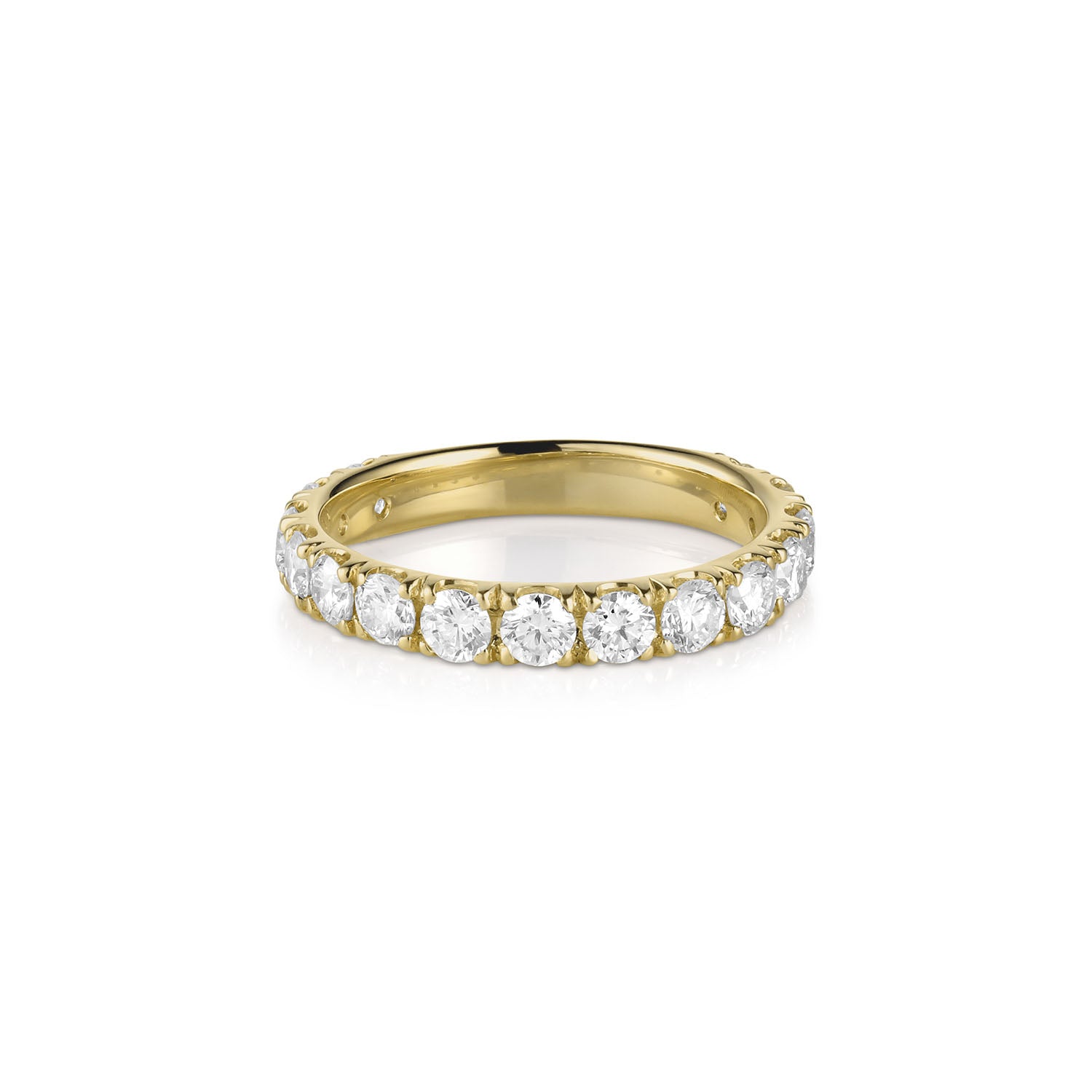 14k gold  eternity ring with embedded round diamonds on a white background