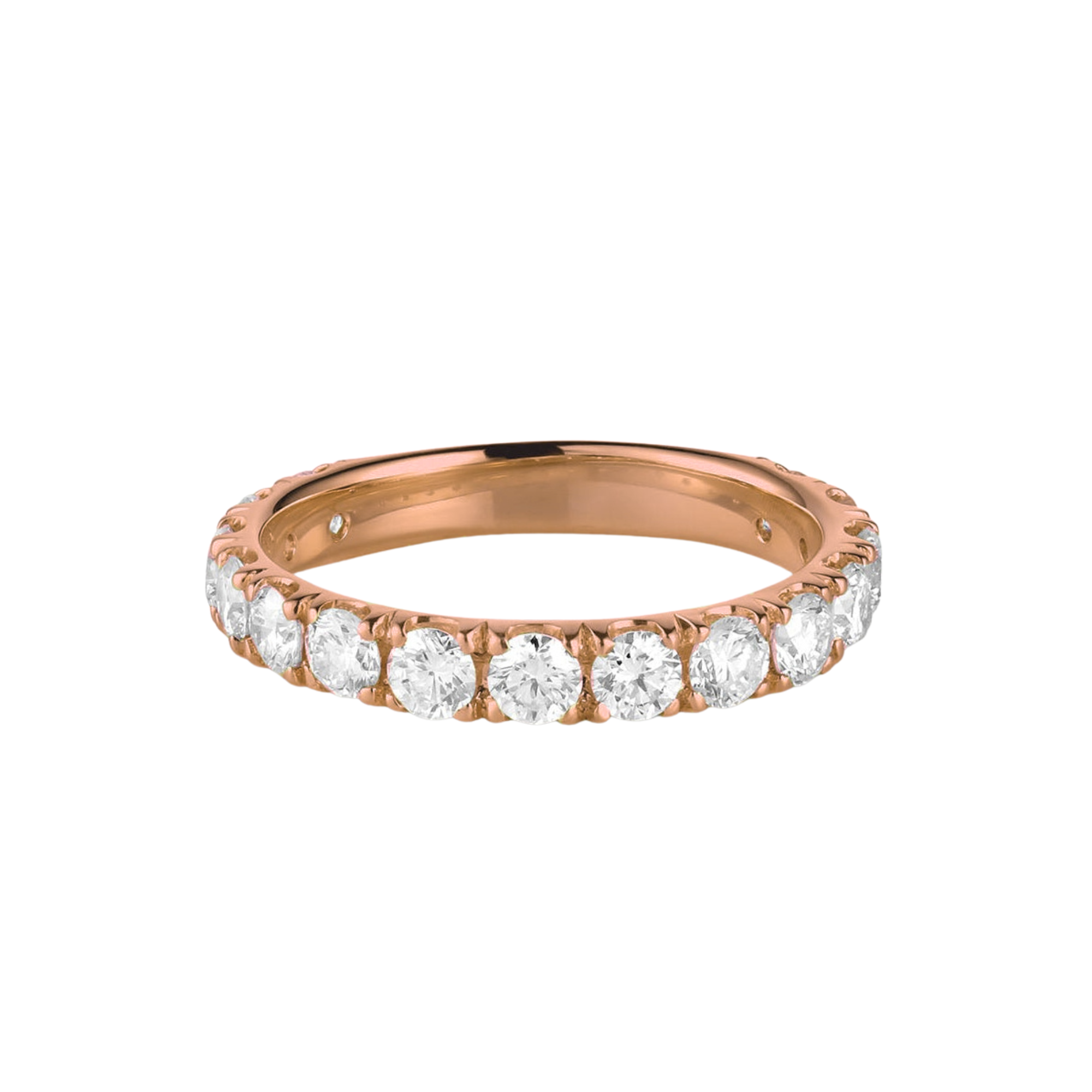 14k gold wide band eternity ring with embedded prong set round white diamonds smooth rounded interior on a white background