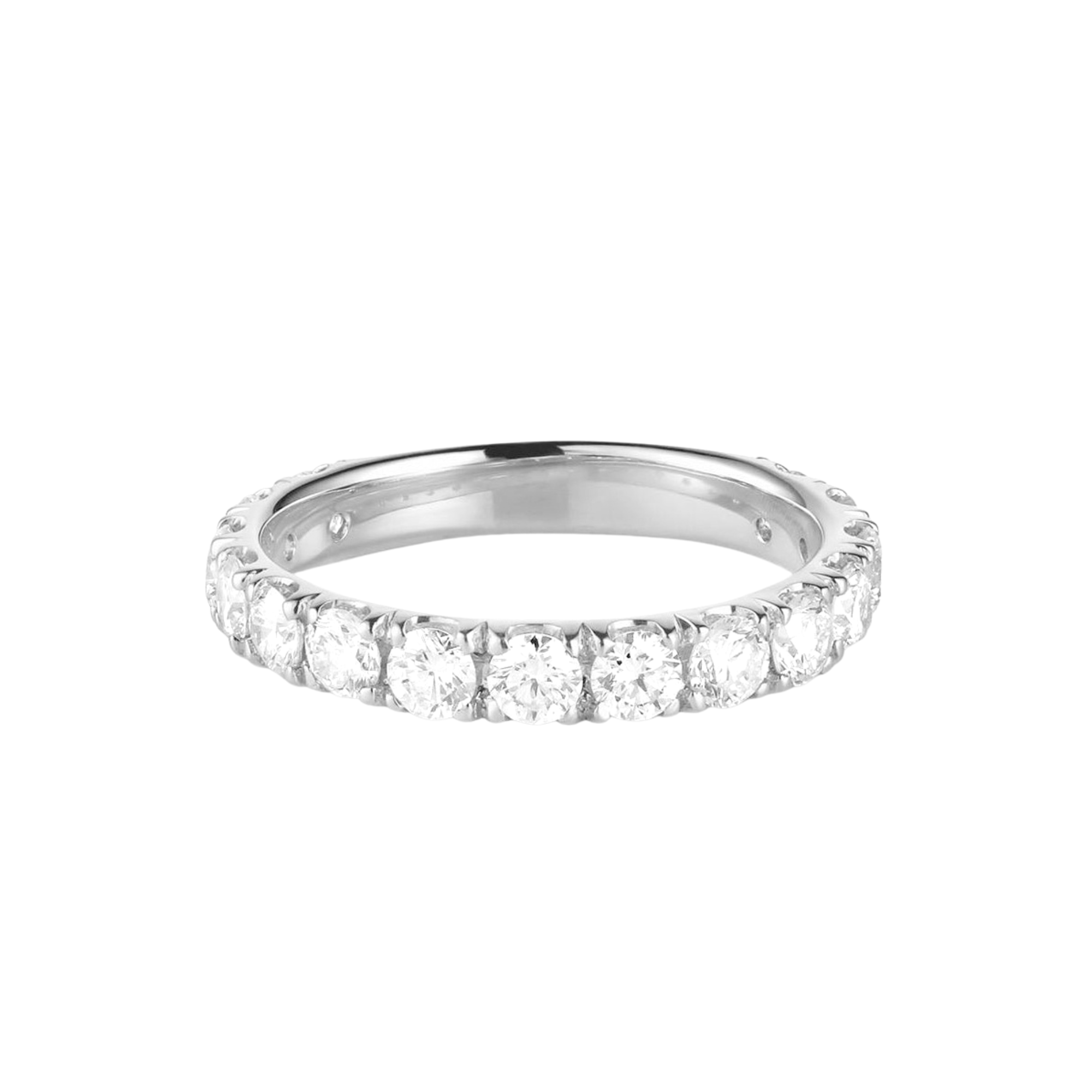 14k gold wide band eternity ring with embedded prong set round white diamonds smooth rounded interior on a white background