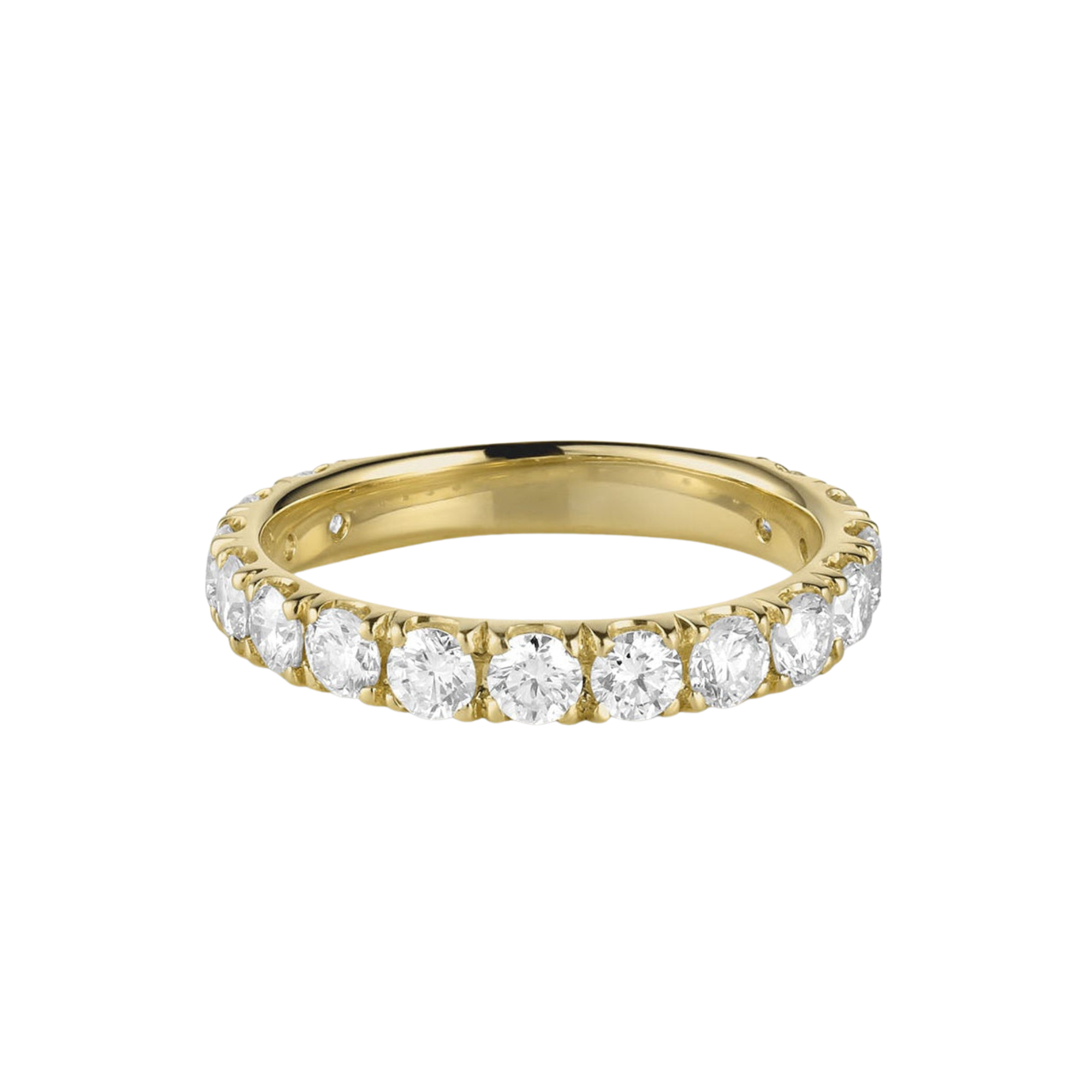 14k gold wide band eternity ring with embedded prong set round white diamonds smooth rounded interior on a white background
