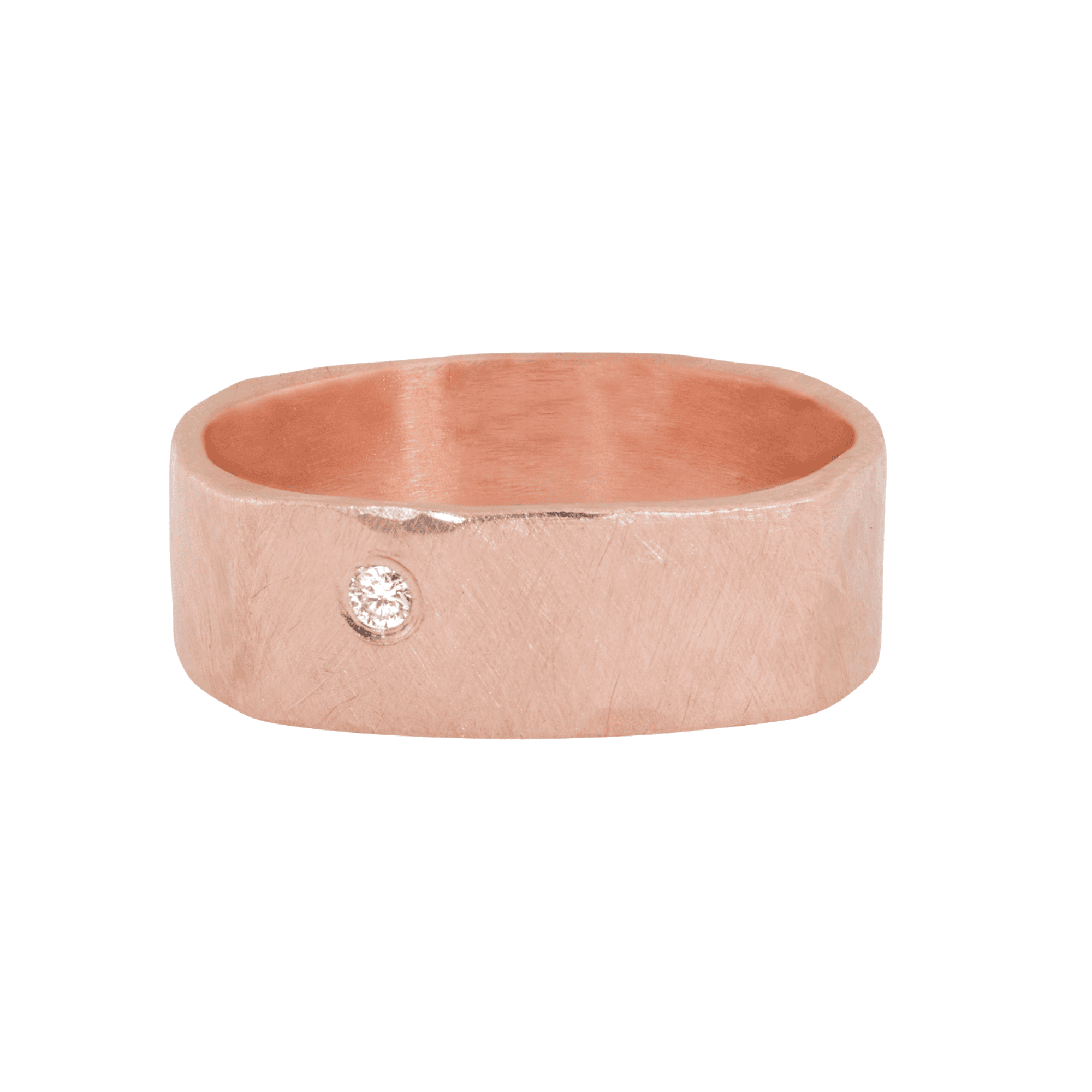 REFE wide comfort fit band by Julez Bryant crafted in 14k rose gold featuring a single flush set diamond with a brushed, handcrafted finish.