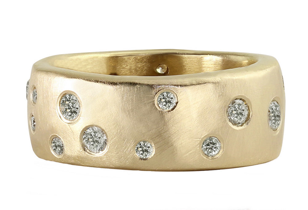 14k yellow gold ring with embedded diamonds satin finish on a white background