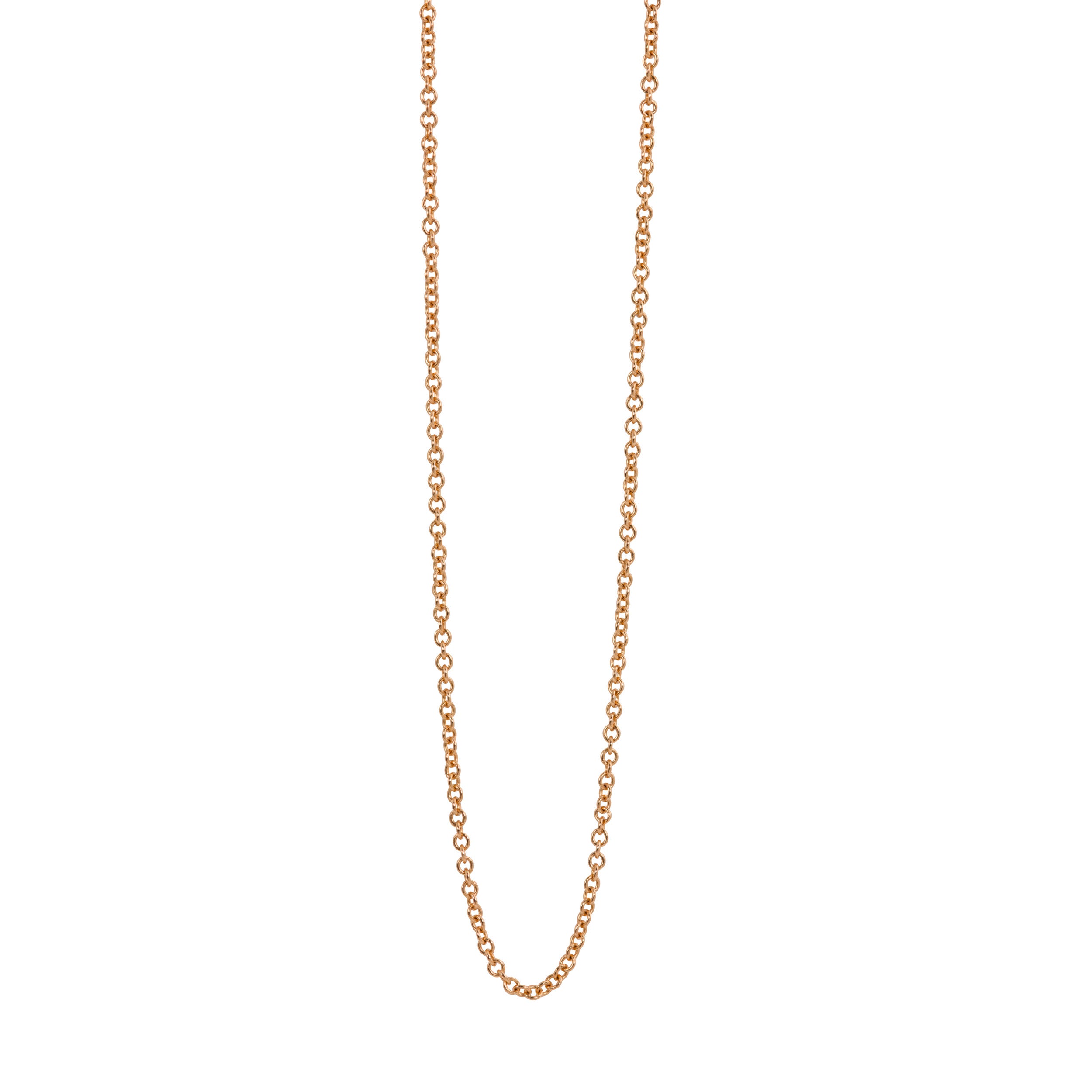 14k rose gold 1 mm wide round link chain on white background