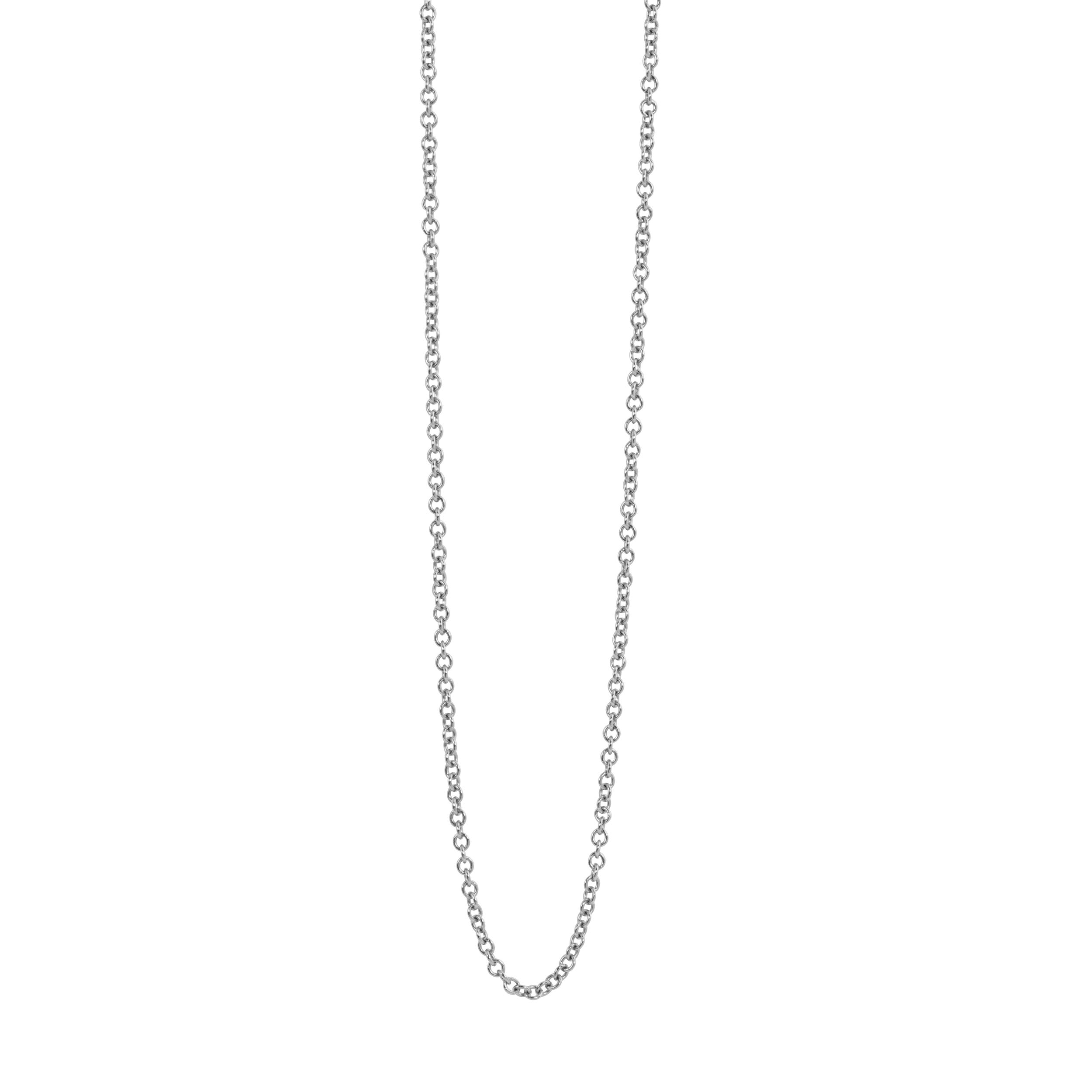 14k white gold 1 mm wide round link chain on white background