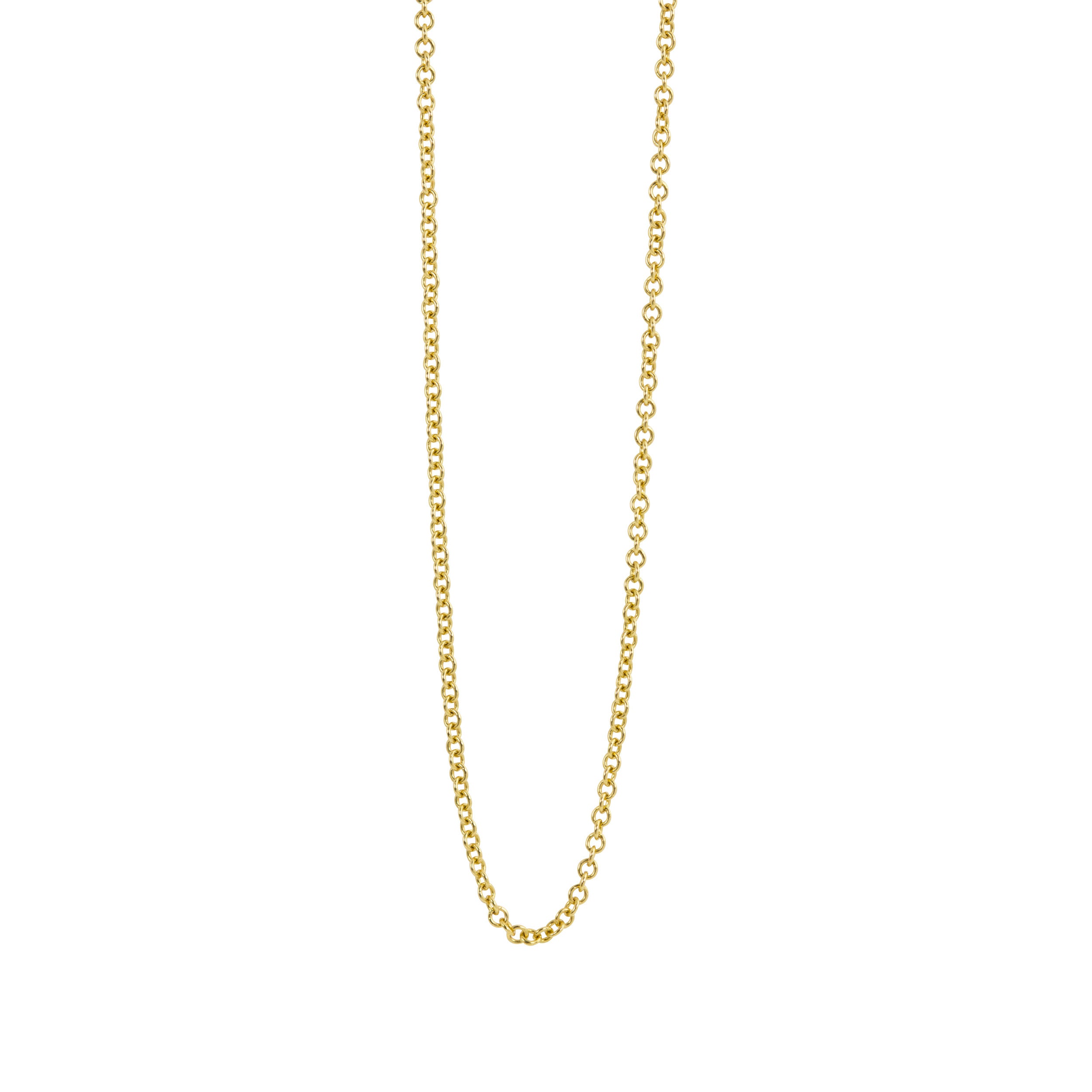 14k yellow gold 1.5mm round link chain necklace on white background