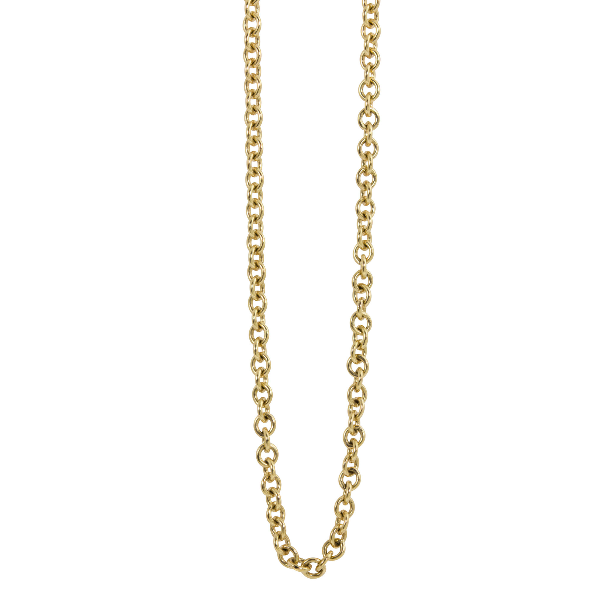 Yellow gold round link necklace chain on white background