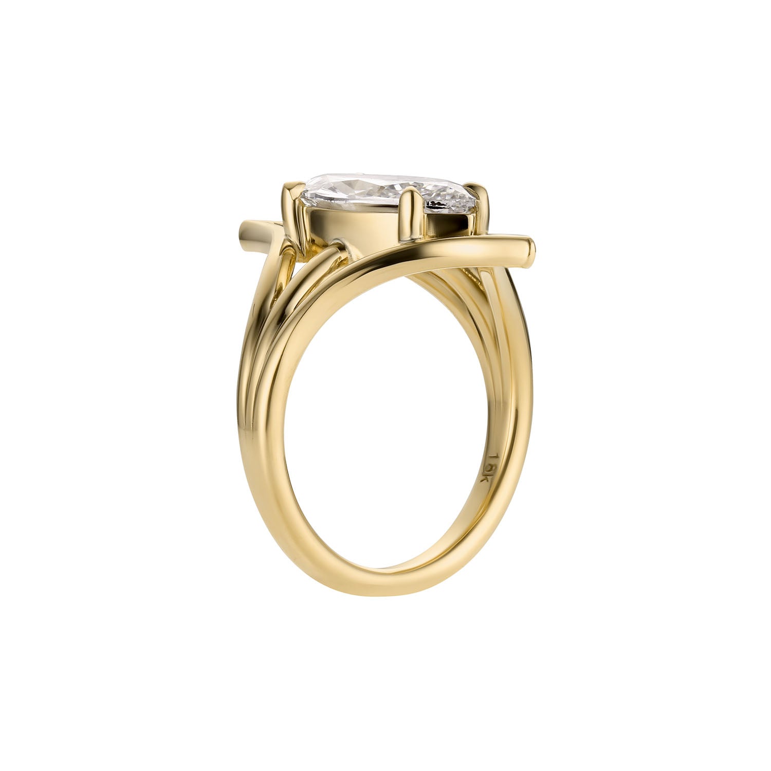 Architectural 18k gold ring with a diamond on a white background, side view showing sturdy prong setting.