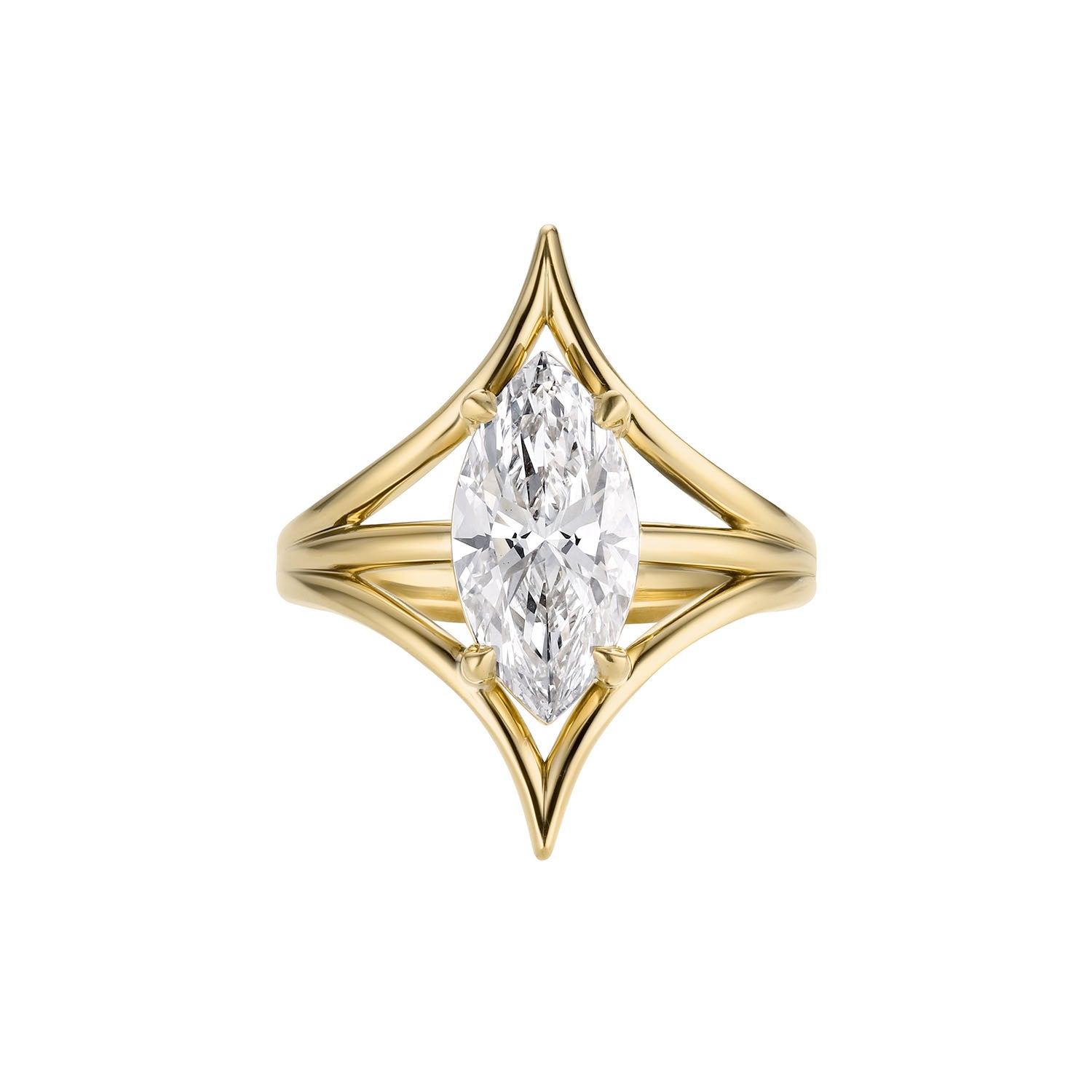 Architectural 18k gold ring with a marquise-shaped diamond on a white background