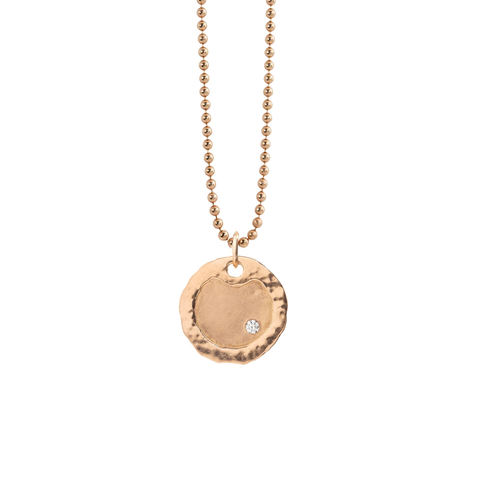 14k rose gold round dog tag necklace pendant featuring single white diamond raised hammered polished border on a ball chain with white background
