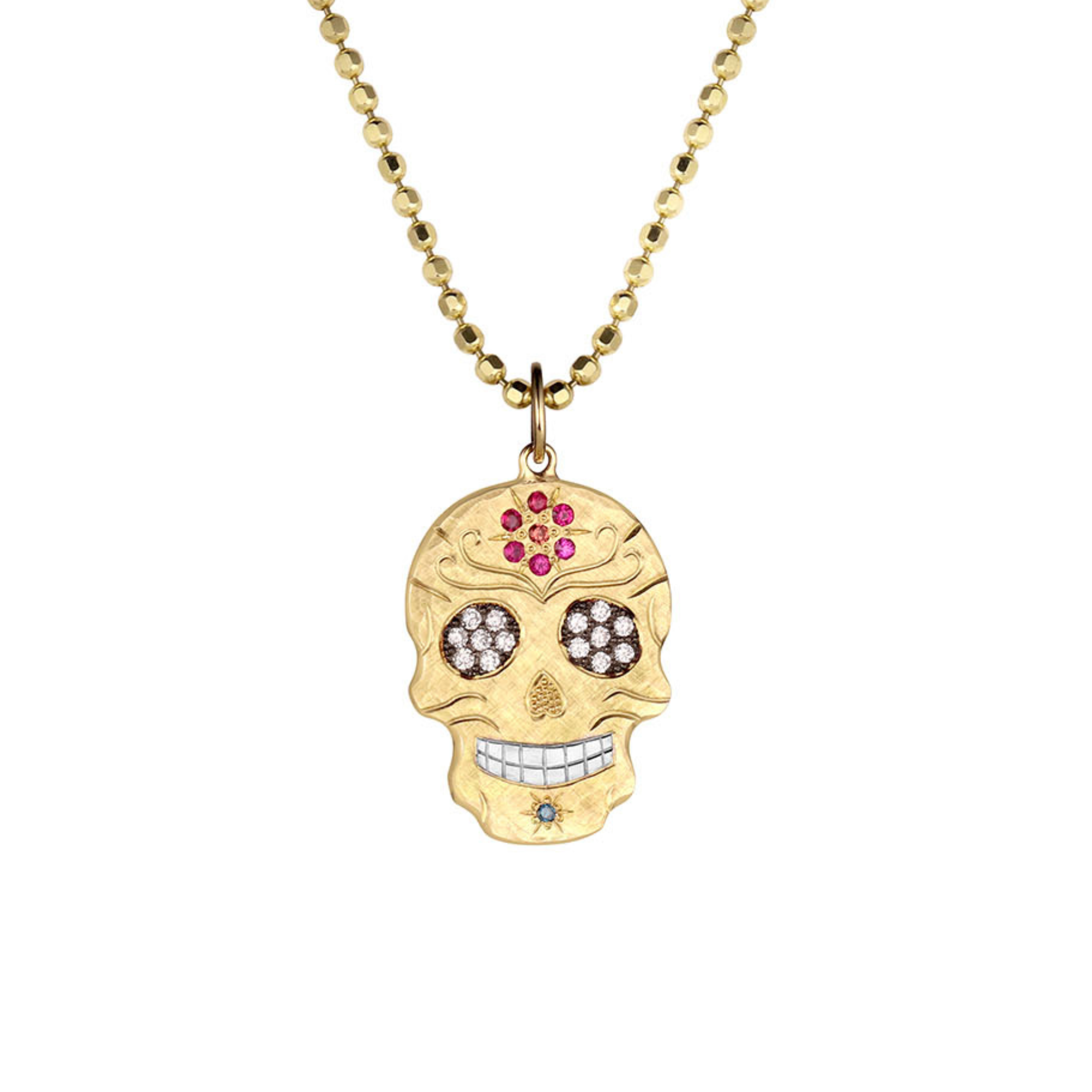 Diamond & Sapphire Flower Sugar Skull Pendant | Customizable | Small | 14K Gold | Style Maria