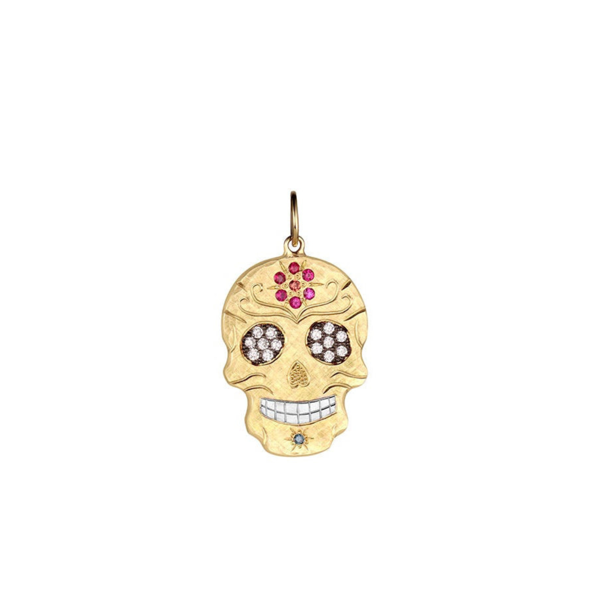 Diamond & Sapphire Flower Sugar Skull Pendant | Customizable | Small | 14K Gold | Style Maria