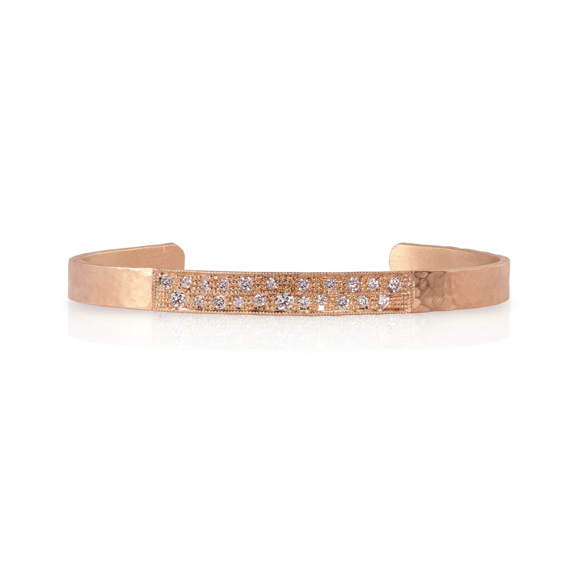 14k Rose Gold cuff bracelet hand hammered textured with embedded diamonds shown on a white background.