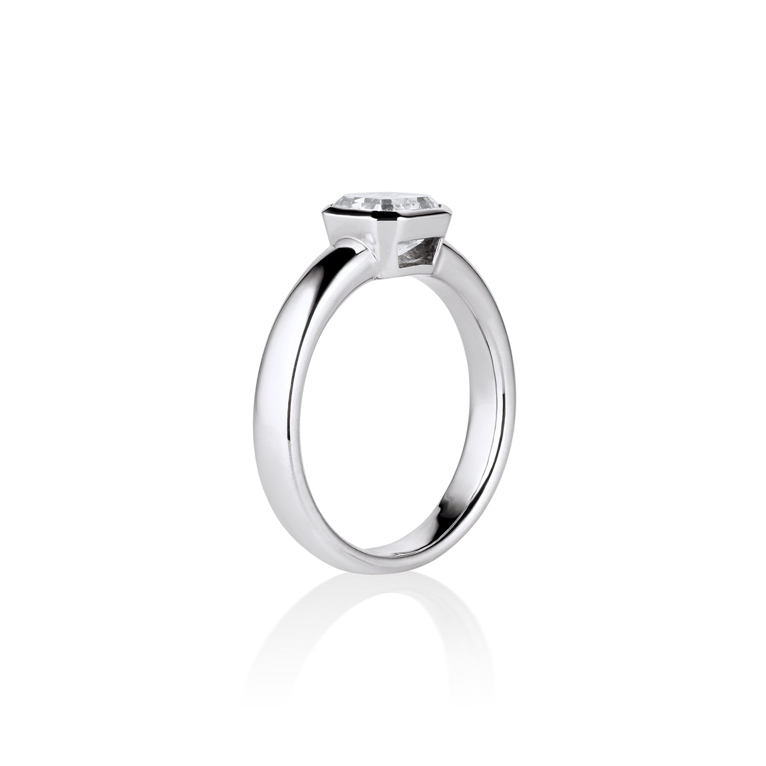 Ascher Cut white diamond single stone solitaire engagement ring in white gold on comfort fit band side view on white background 