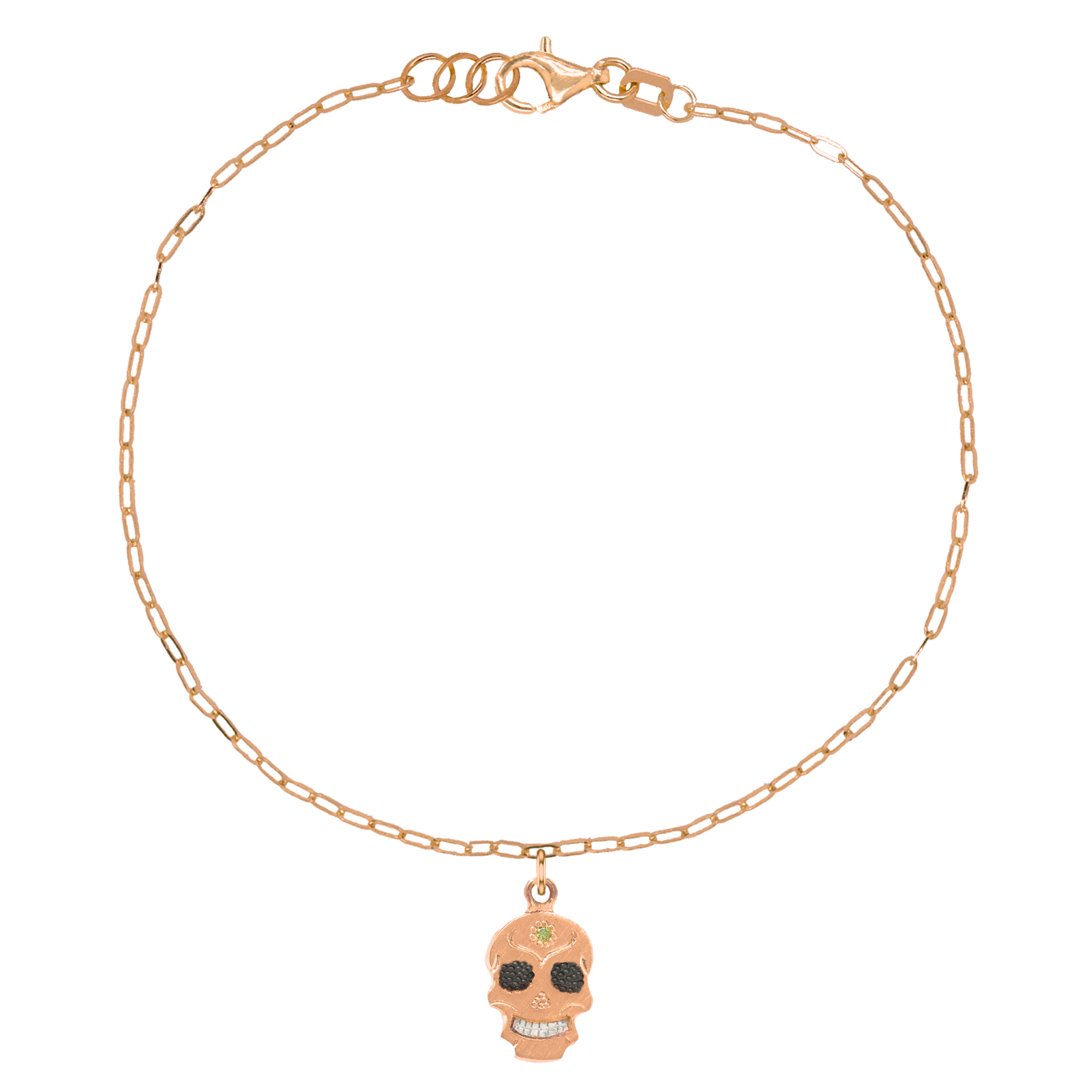 14k rose gold teeny tiny ghostrider skull charm bracelet with colored gemstone and hand etching on paperclip link chain on white background