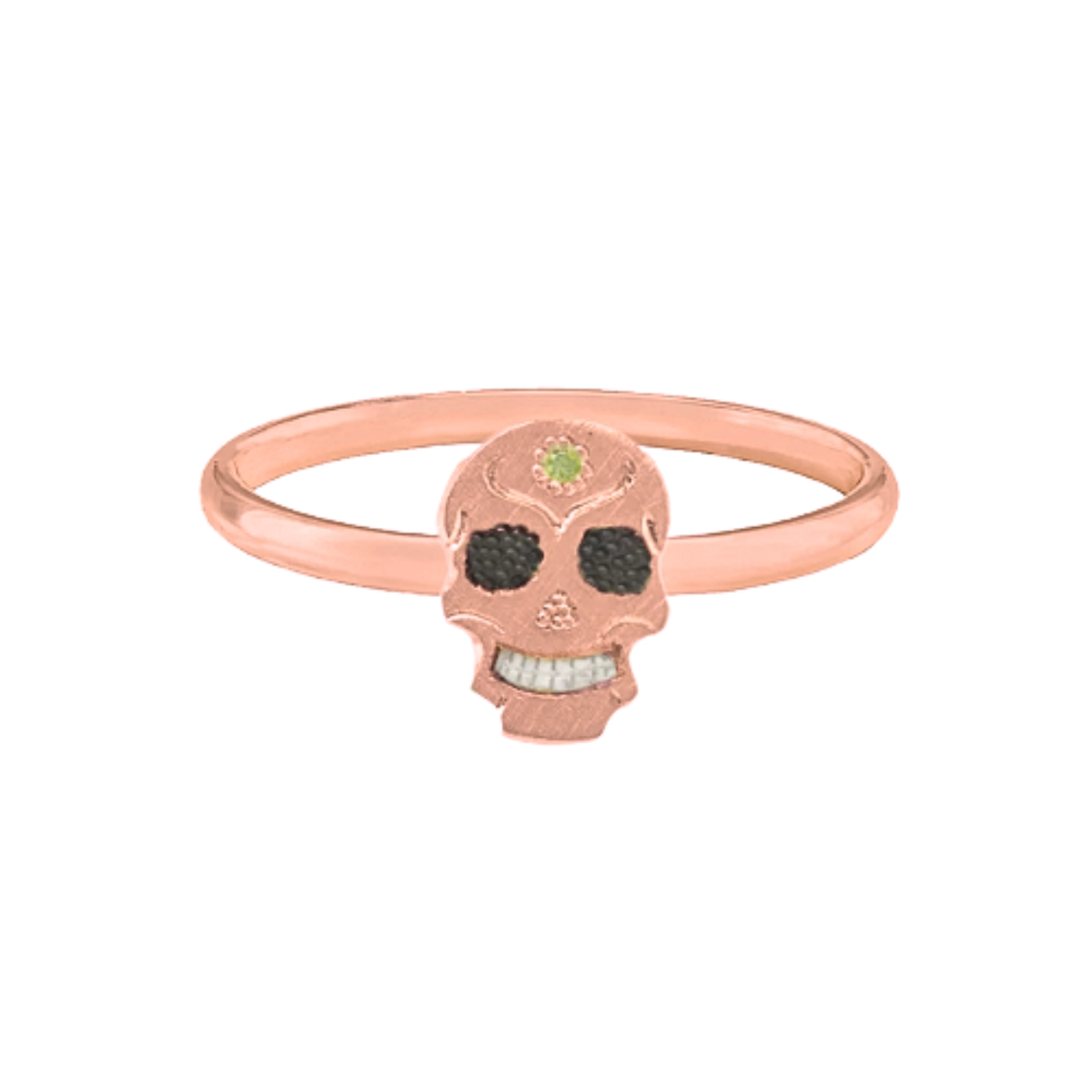 14k Gold handcut skull ring with black eye sockets and a green gemstone on a white background
