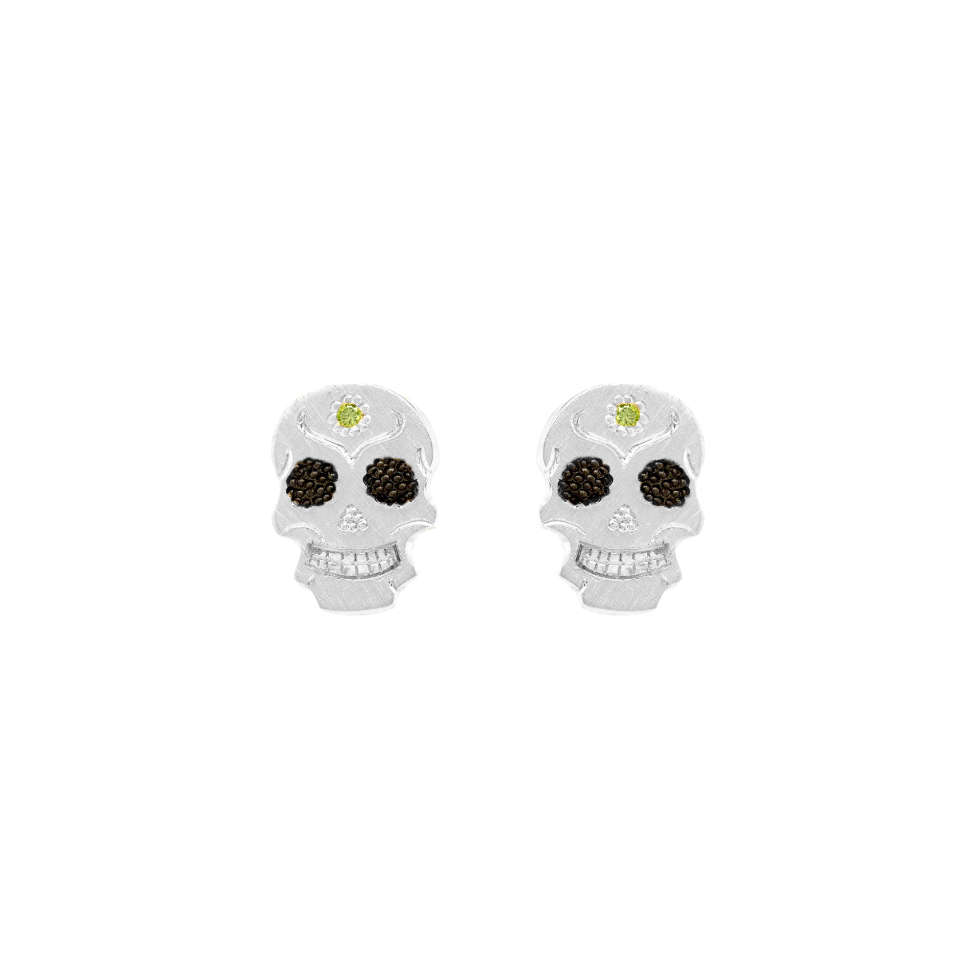 14k white gold handout skull-shaped post earrings with black and green details on a white background