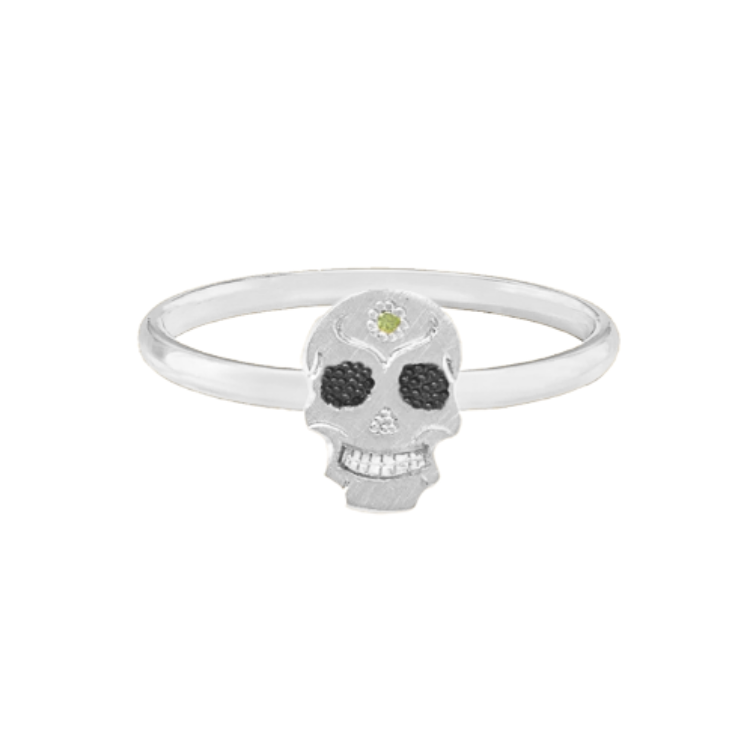 14k Gold handcut skull ring with black eye sockets and a green gemstone on a white background