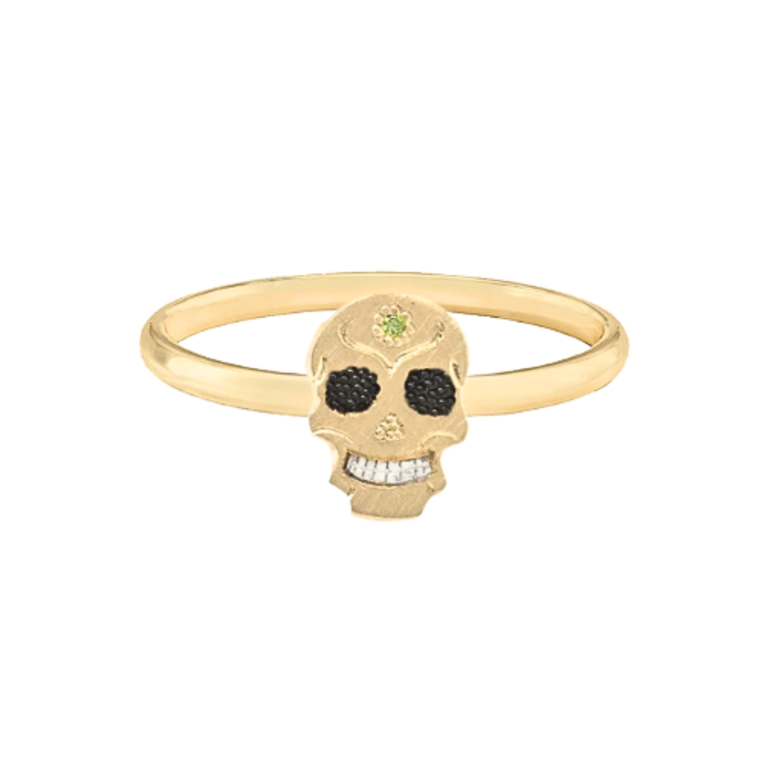 14k Gold handcut skull ring with black eye sockets and a green gemstone on a white background