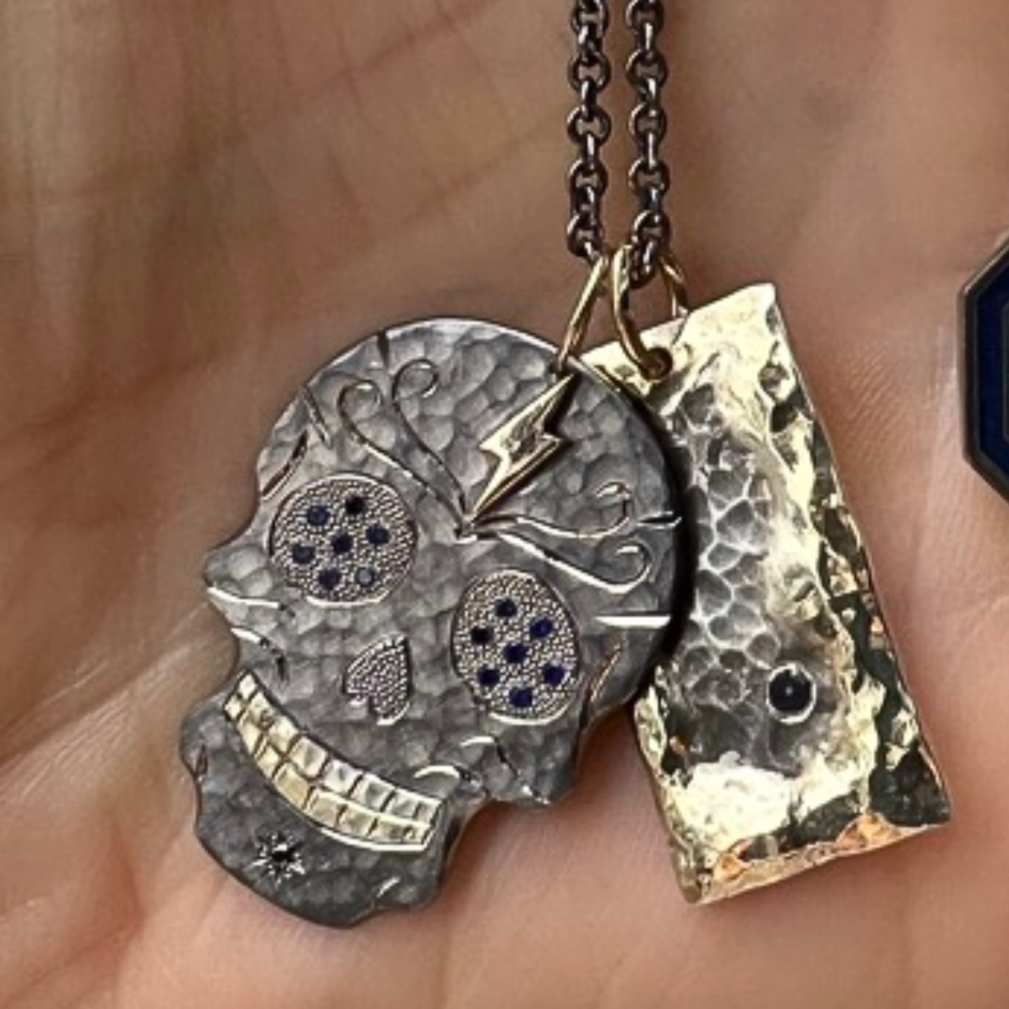 ZACK Large Sterling Silver Ghostrider Skull Pendant with Gold Lightning Bolt