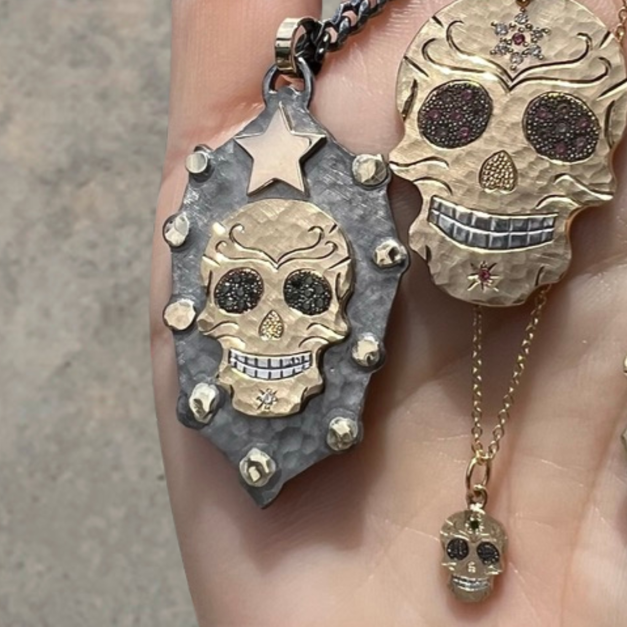JASPER Large Sterling Silver Sugar Skull Medallion Pendant with Green Diamonds