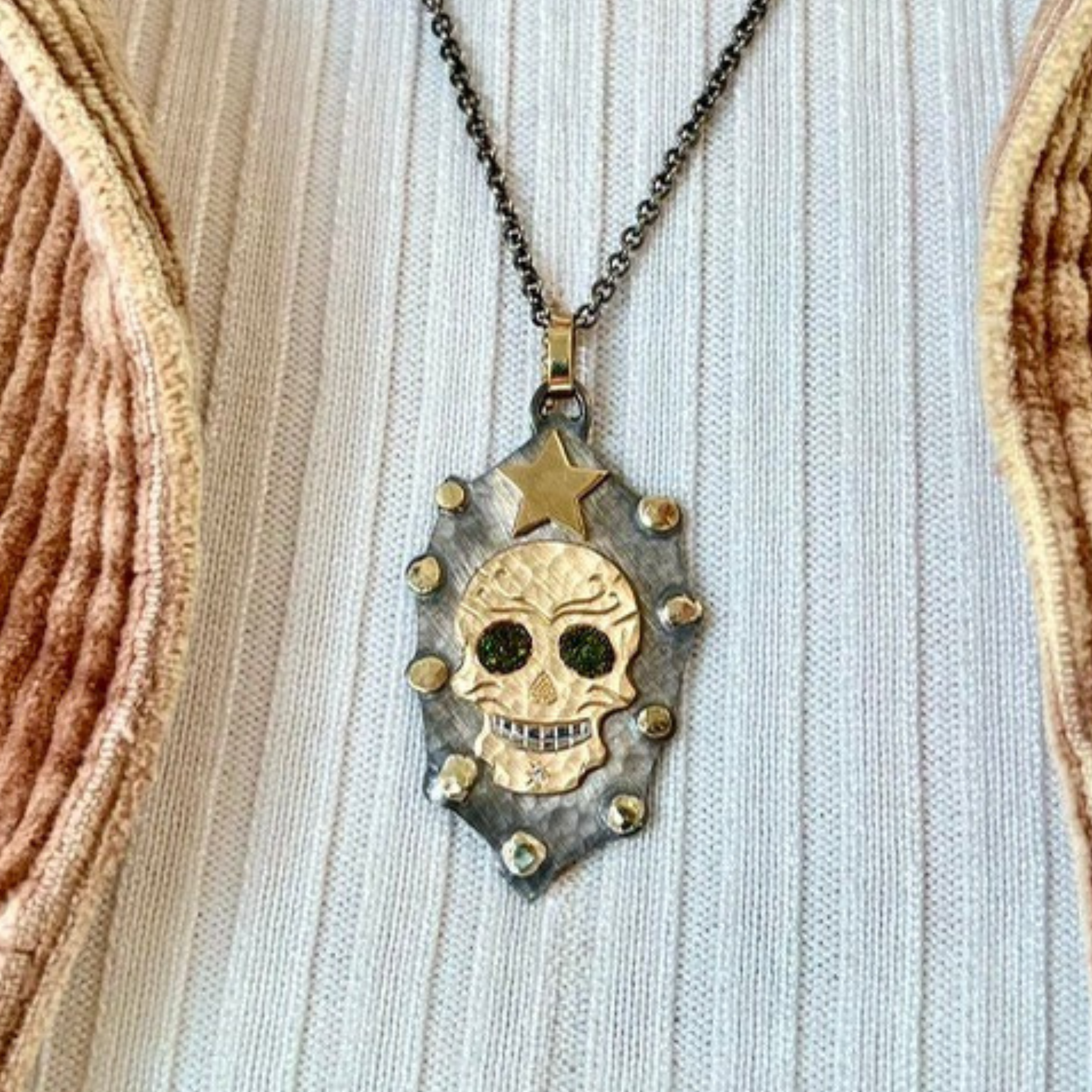 JASPER Large Sterling Silver Sugar Skull Medallion Pendant with Green Diamonds