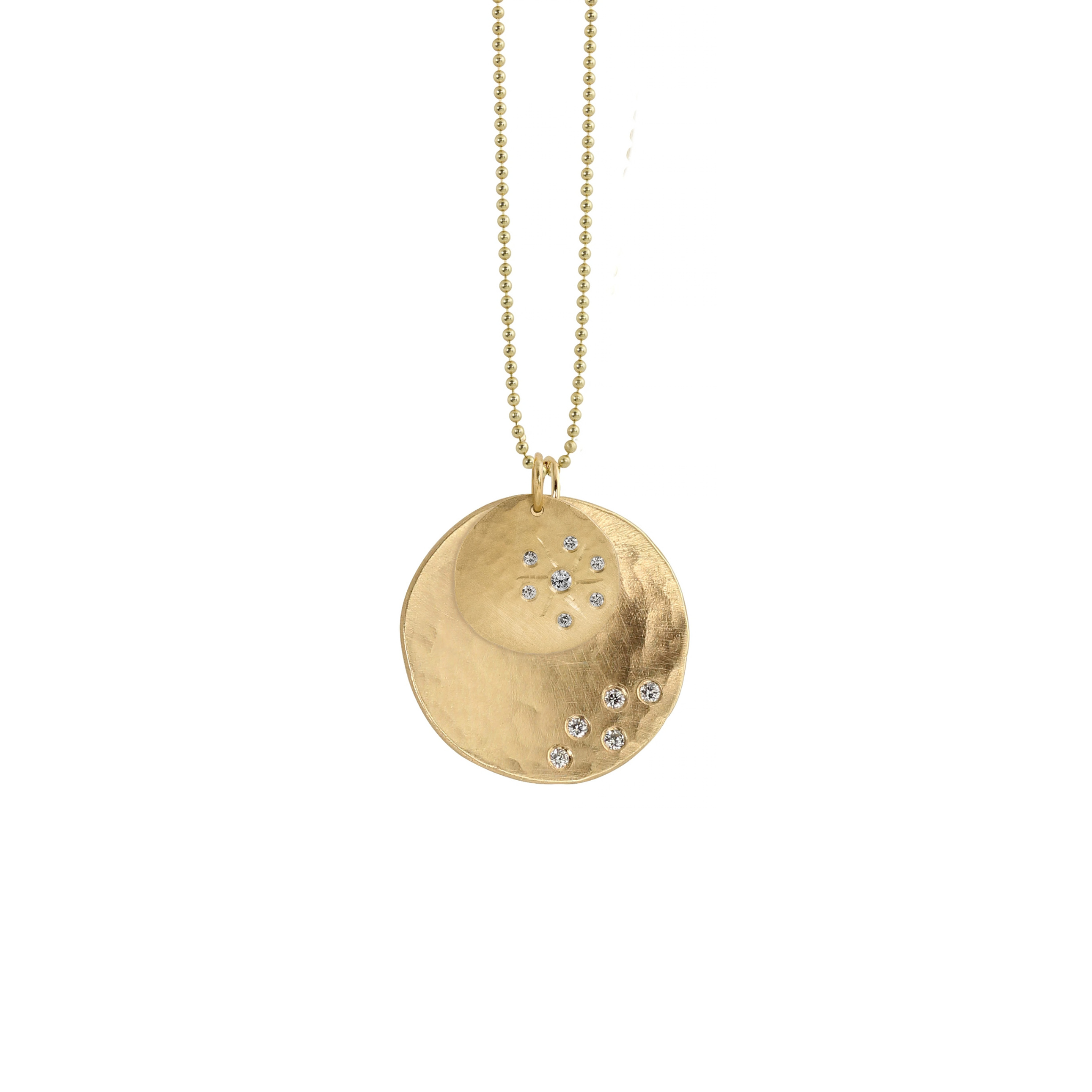 Layered 14k yellow gold diamond disk pendants featuring hammered satin texture hanging from ball chain shown on white background