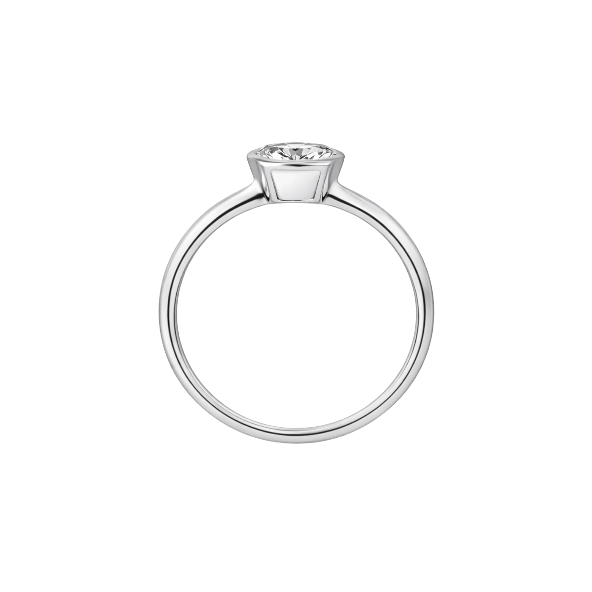 White gold bezel set solitaire ring with a round white diamond tapered band with high polish shown side view on a white background