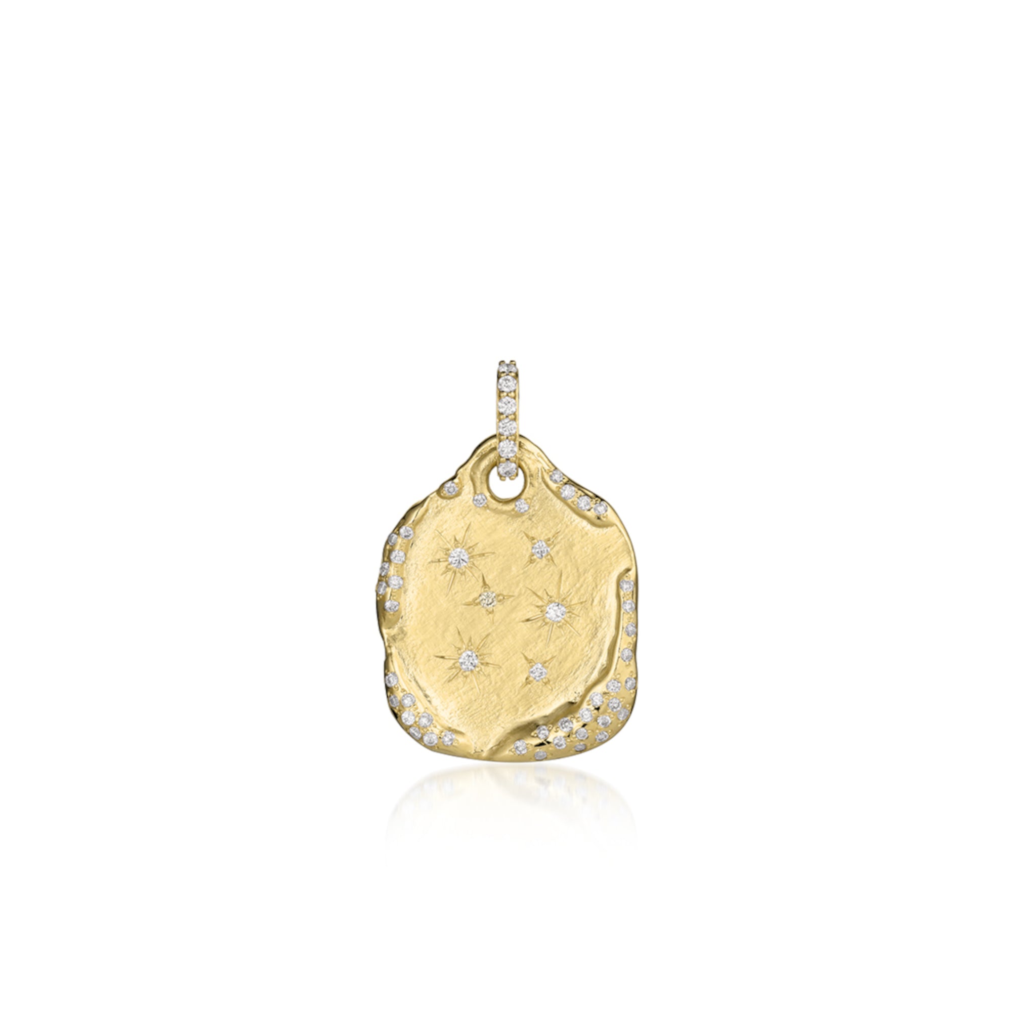14k Gold pendant organic rectangular shape scattered with white diamond stars pave bale and hand engraved stars on a white background.