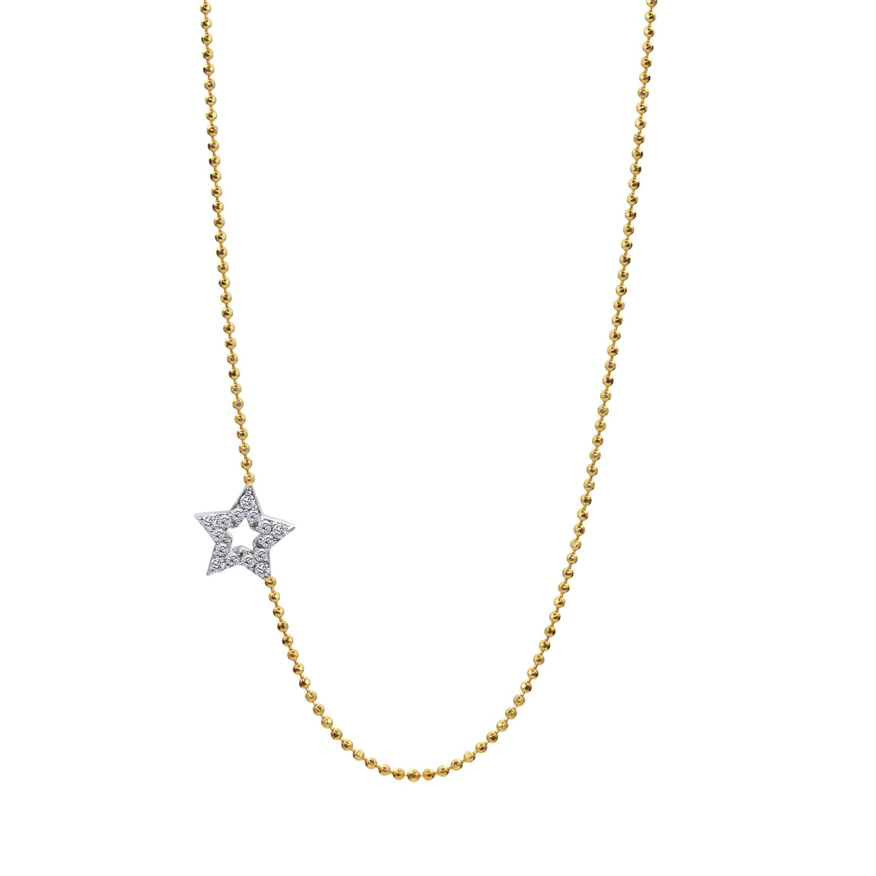 14k yellow gold diamond cut ball chain necklace with an integrated offset star-shaped pave white diamond pendant shown on a white background