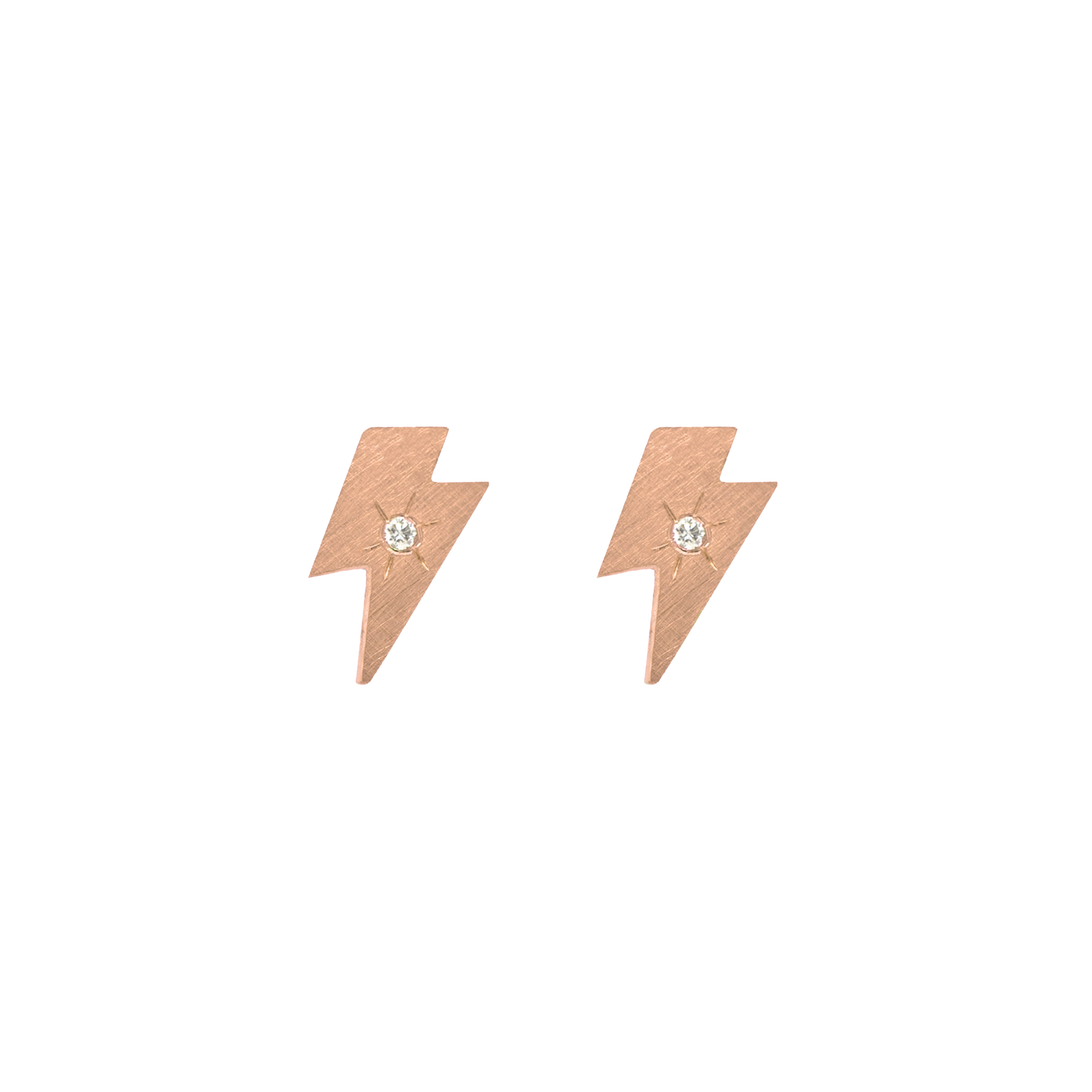 14k rose gold teeny tiny lightning bolt earring studs with hand etched starburst white diamonds on white background