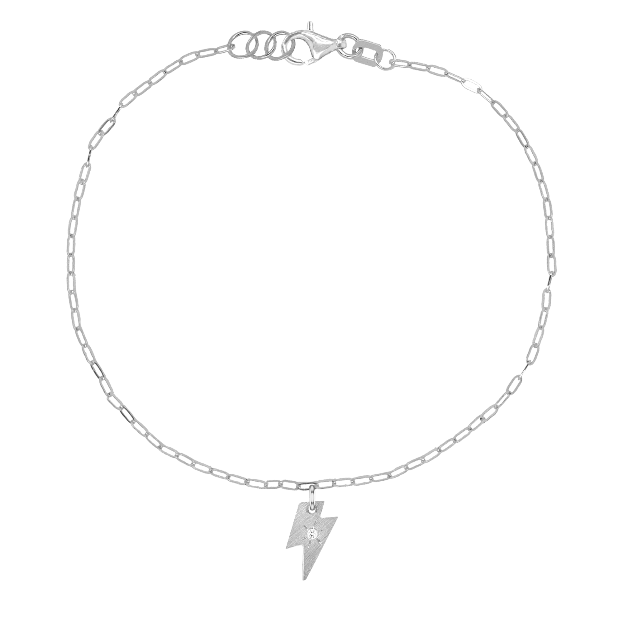 14k white gold teeny tiny white diamond lightning bolt bracelet with hand etched starburst on paperclip link chain on white background