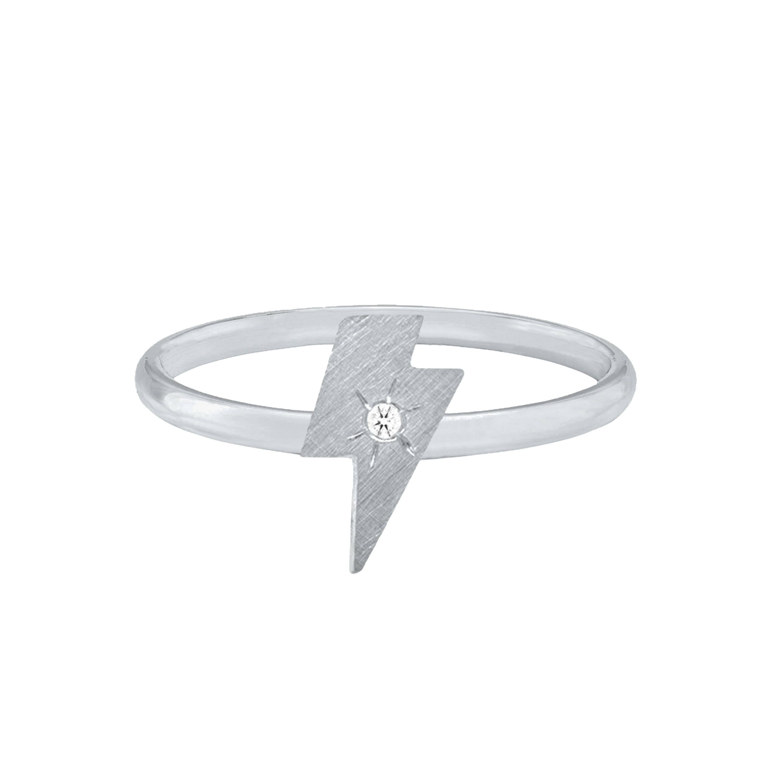 14k white gold teeny tiny lightning bolt ring with starburst white diamond in center on white background