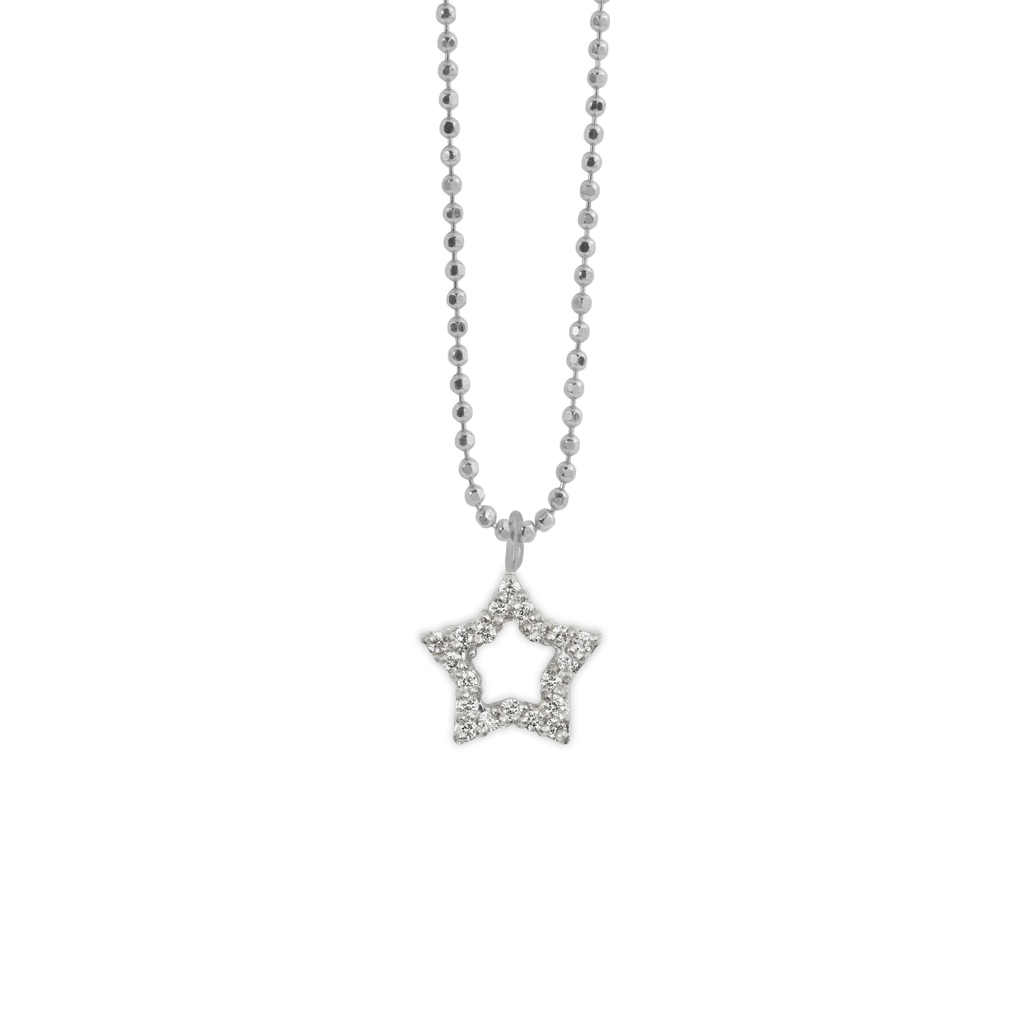 14k white gold open star pendant with pave white diamonds on a white gold ball chain shown with a white background